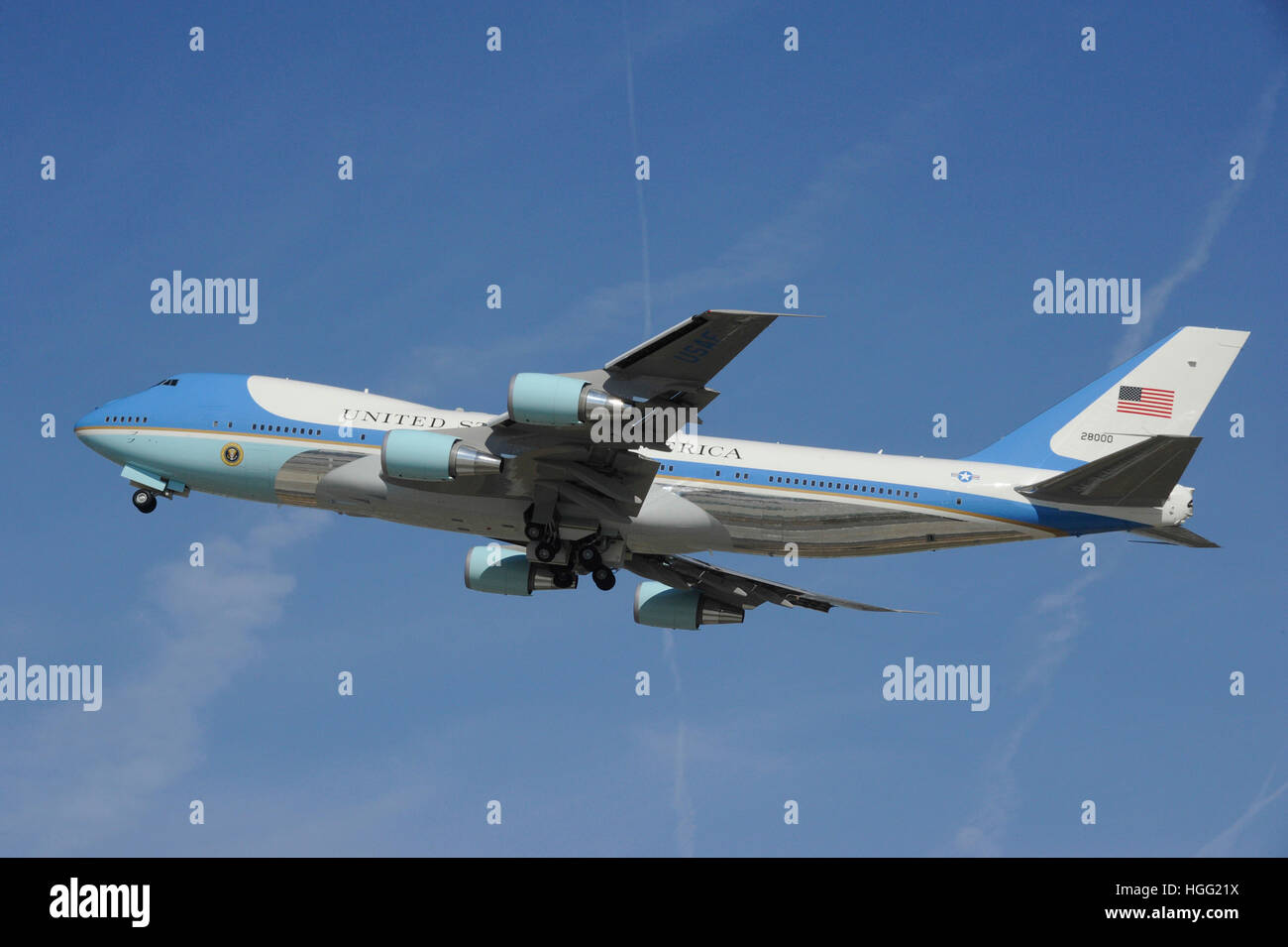 Air Force One take off flying high in the sky at LAX Airport on February 12th, 2016 in Los Angeles, California. Stock Photo
