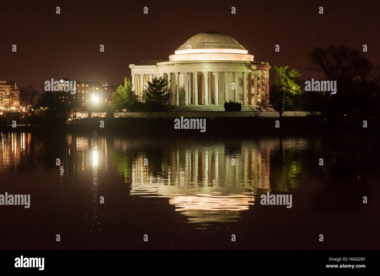 Jefferson Memorial, Washington, D.C., at night from Tidal Basin. Stock Photo