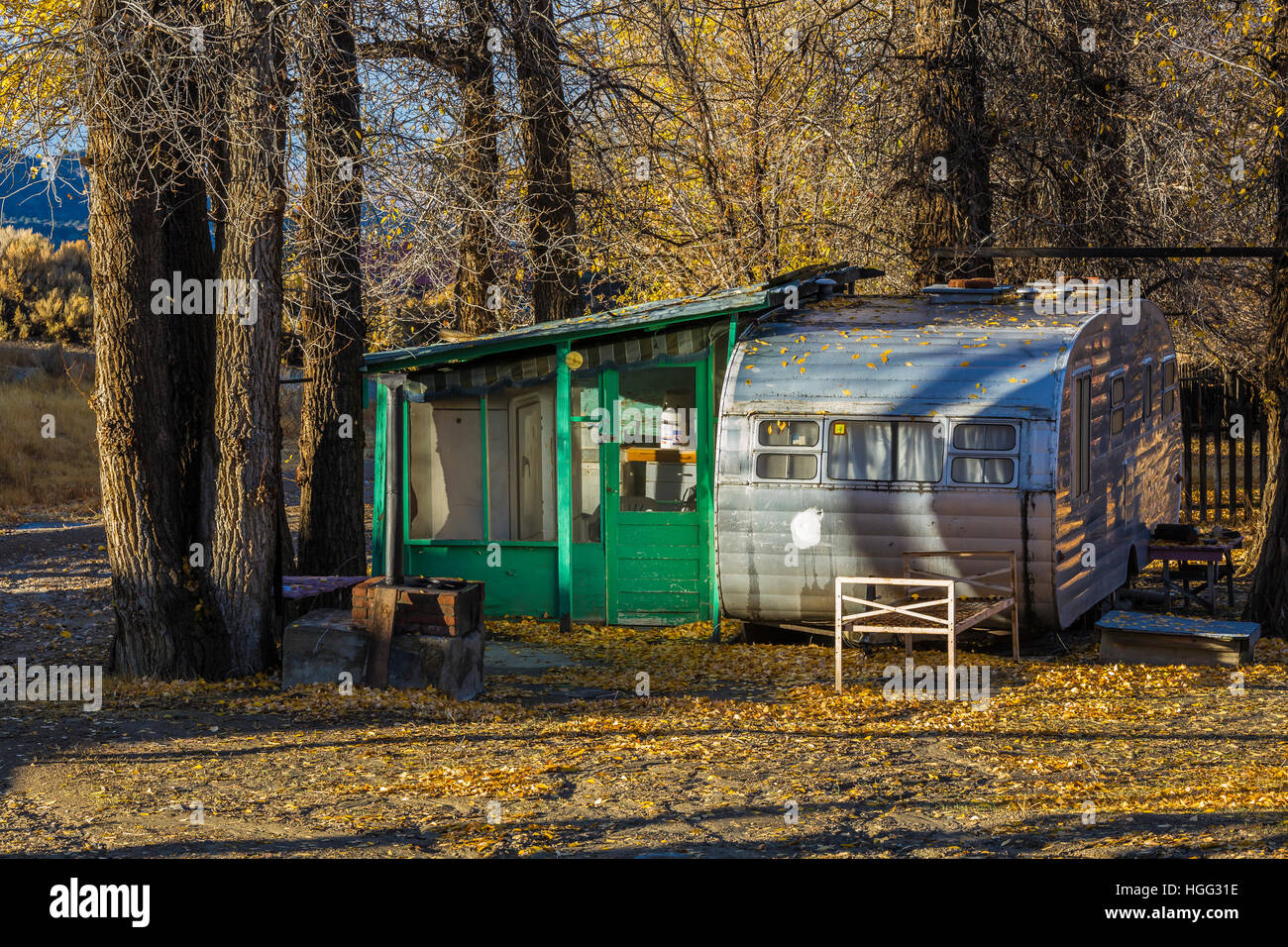 Classic old silver trailer in the old silver mining semi ghost town of Belmont, Nevada, USA [No property release; available for editorial licensing on Stock Photo