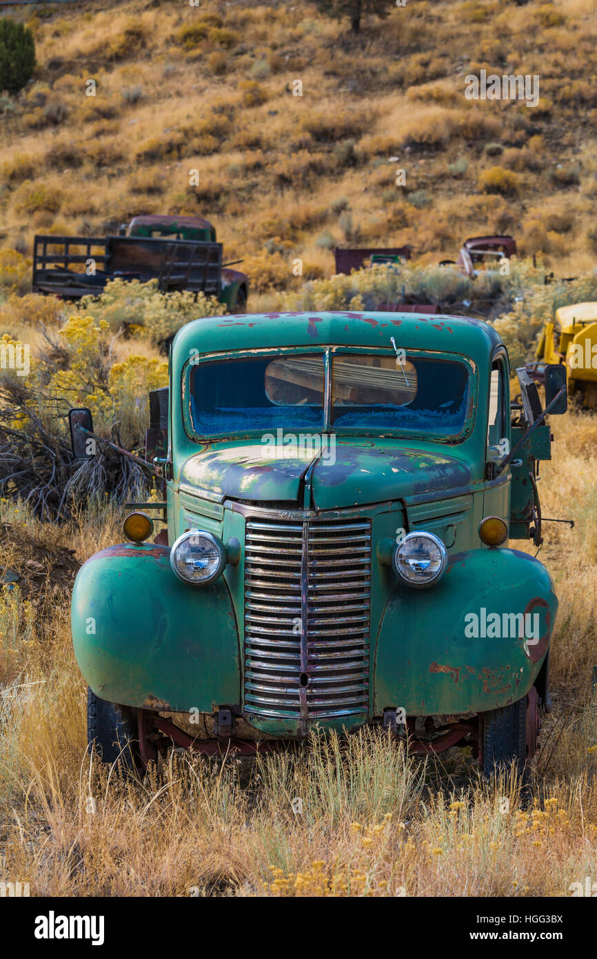1949 Chevrolet pickup truck in the old silver and gold mining semi ghost town of Manhattan in the Toquima Range, Humbolt-Toiyabe National Foret, Nevad Stock Photo