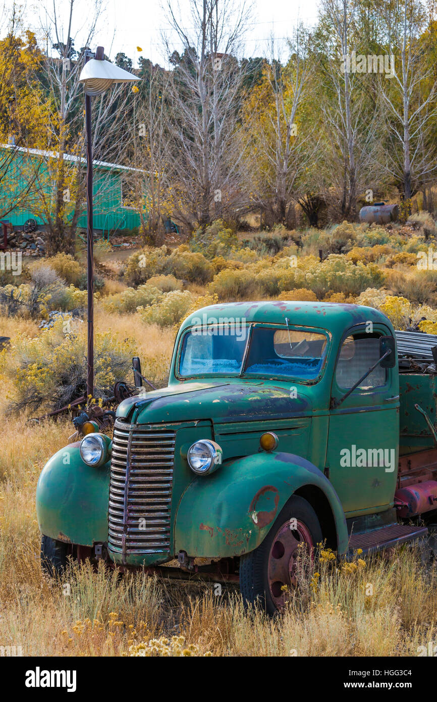1949 Chevrolet pickup truck in the old silver and gold mining semi ghost town of Manhattan in the Toquima Range, Humbolt-Toiyabe National Foret, Nevad Stock Photo