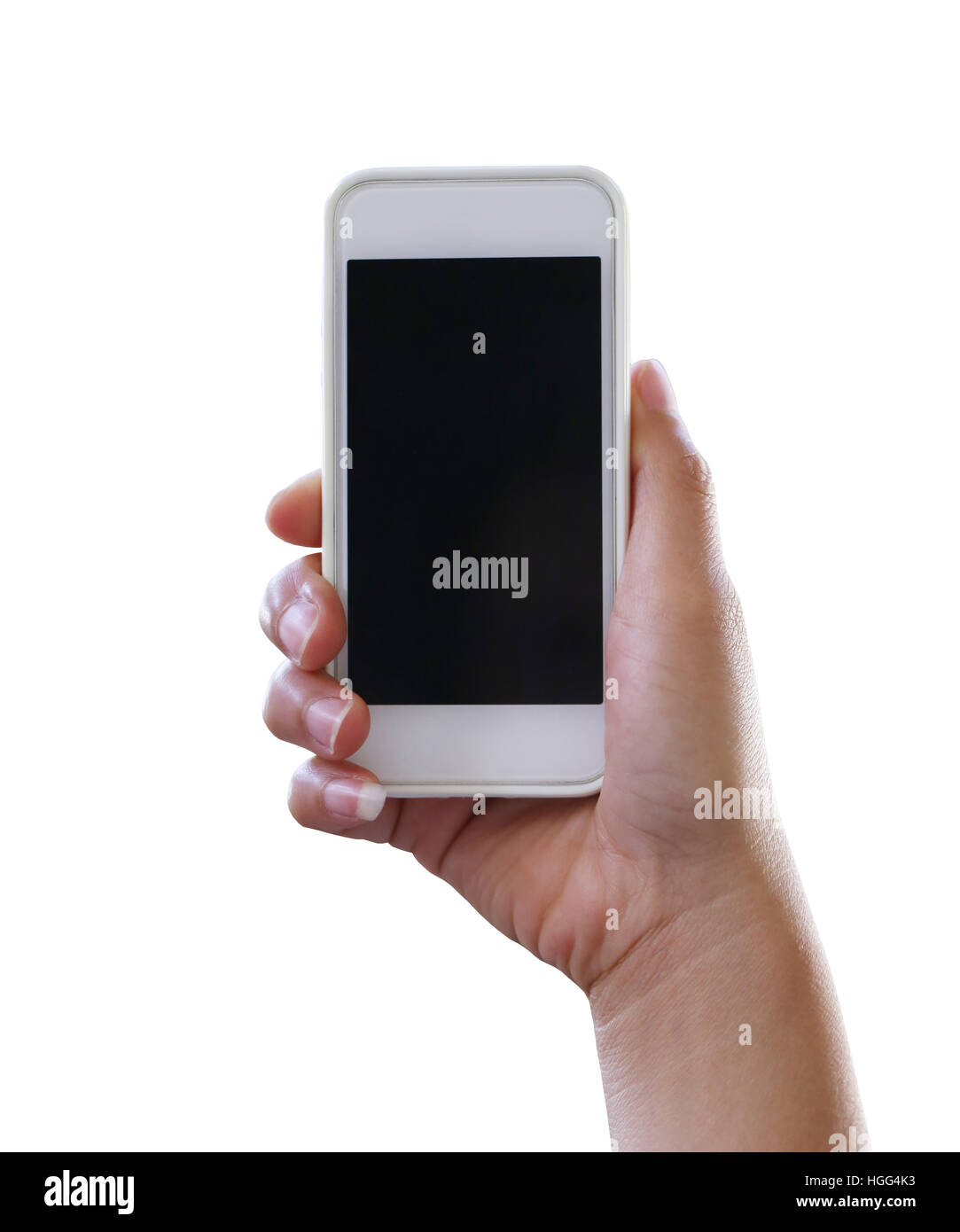 Hand of woman holding a smartphone isolated on white background and have clipping paths to easy deployment. Stock Photo