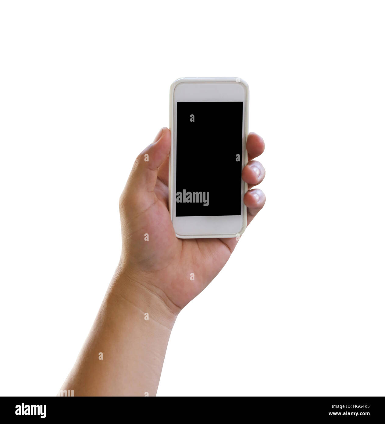 Hand of man holding a smartphone isolated on white background and have ...