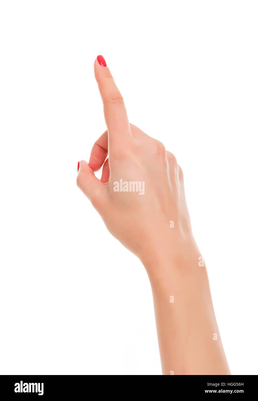Woman hand pointing up with index finger Stock Photo