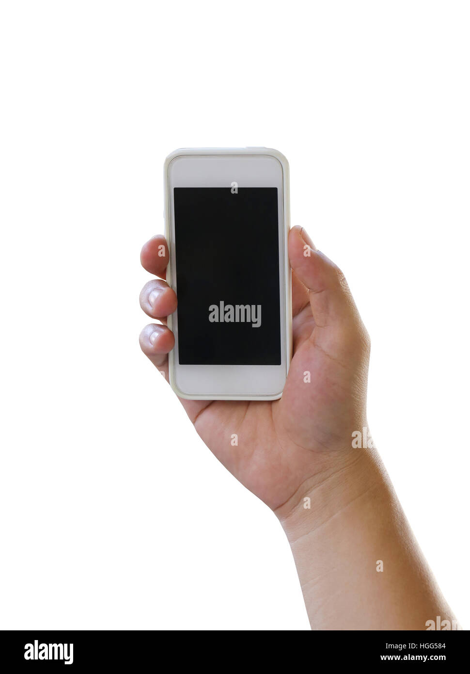 Hand of man holding a smartphone isolated on white background and have clipping paths to easy deployment. Stock Photo