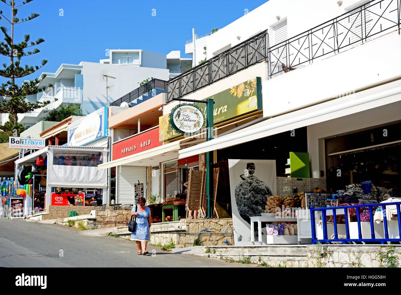 Tourist gift shops along a village street, Bali, Crete, Greece, Europe  Stock Photo - Alamy