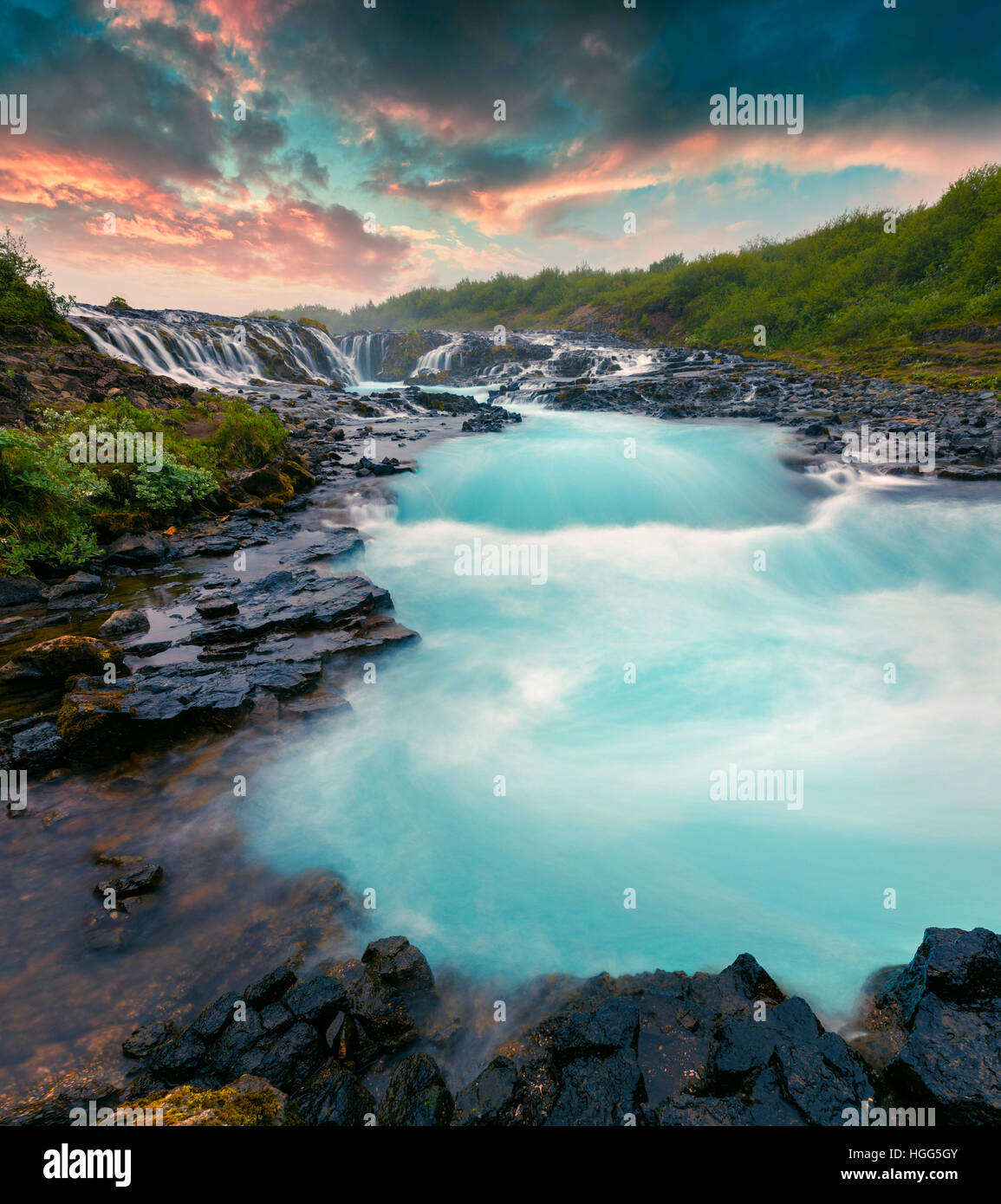 Summer sunset with unique waterfall - Bruarfoss. Colorful evening scene in South Iceland, Europe. Stock Photo