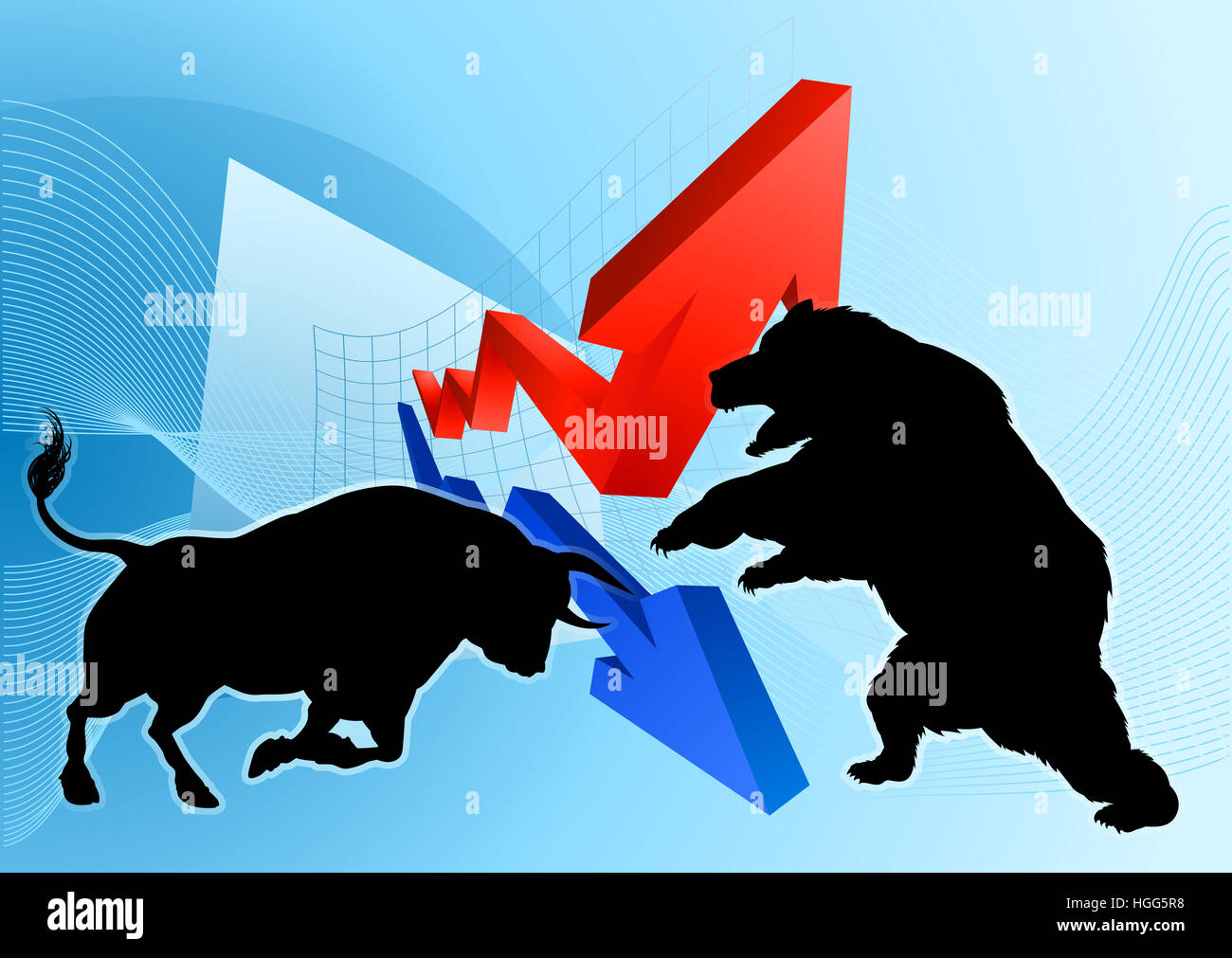A silhouette bear fighting a bull mascot characters in front of a stock market or profit graph financial concept Stock Photo