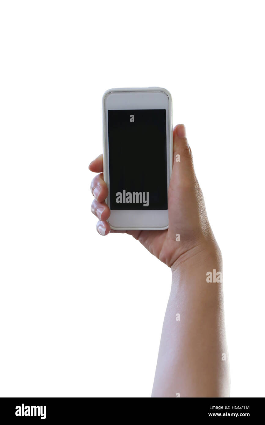 Hand of woman holding a smartphone isolated on white background and ...