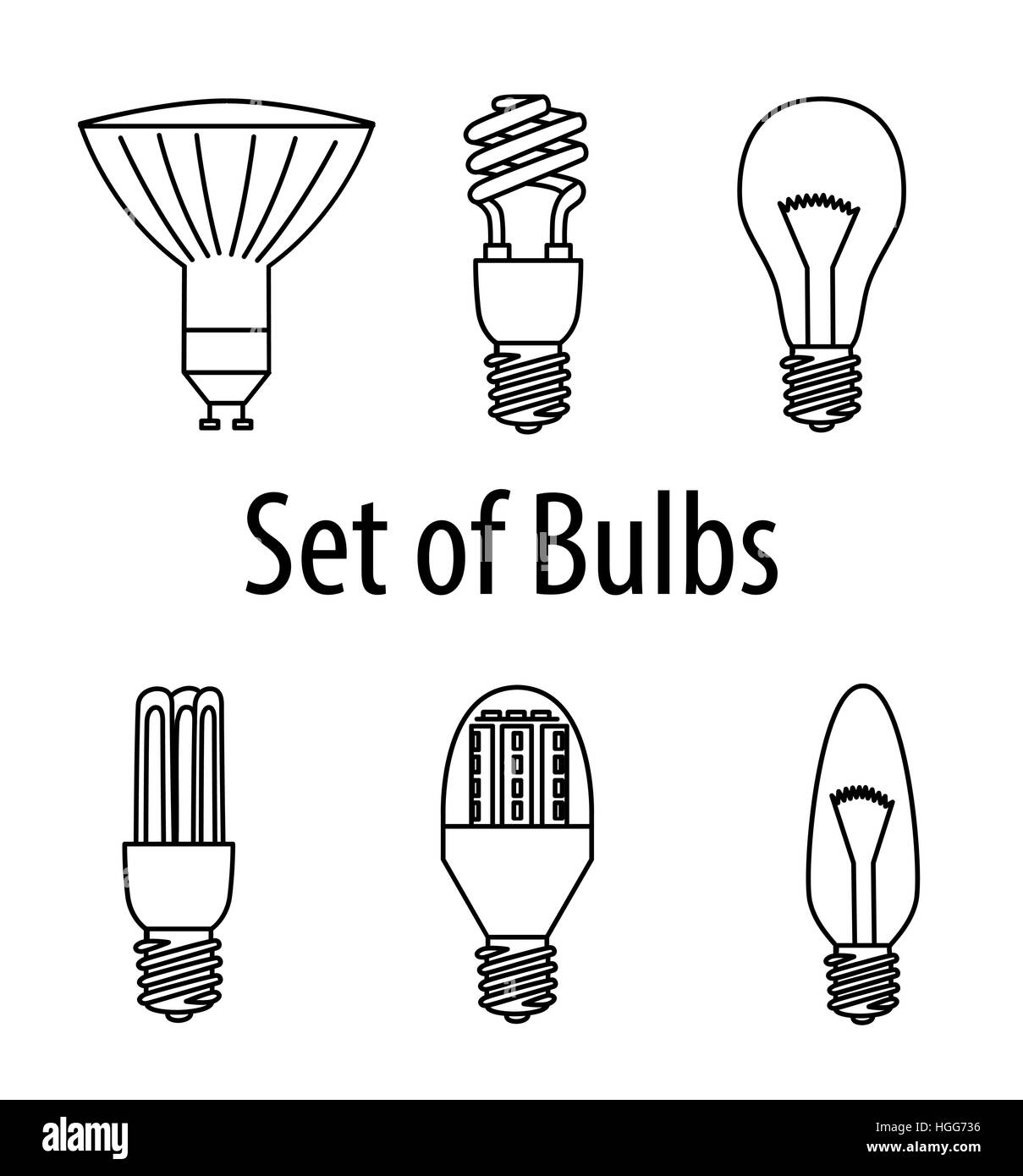 Set of different types of bulbs. Vector Illustration. Source of Light. Stock Vector