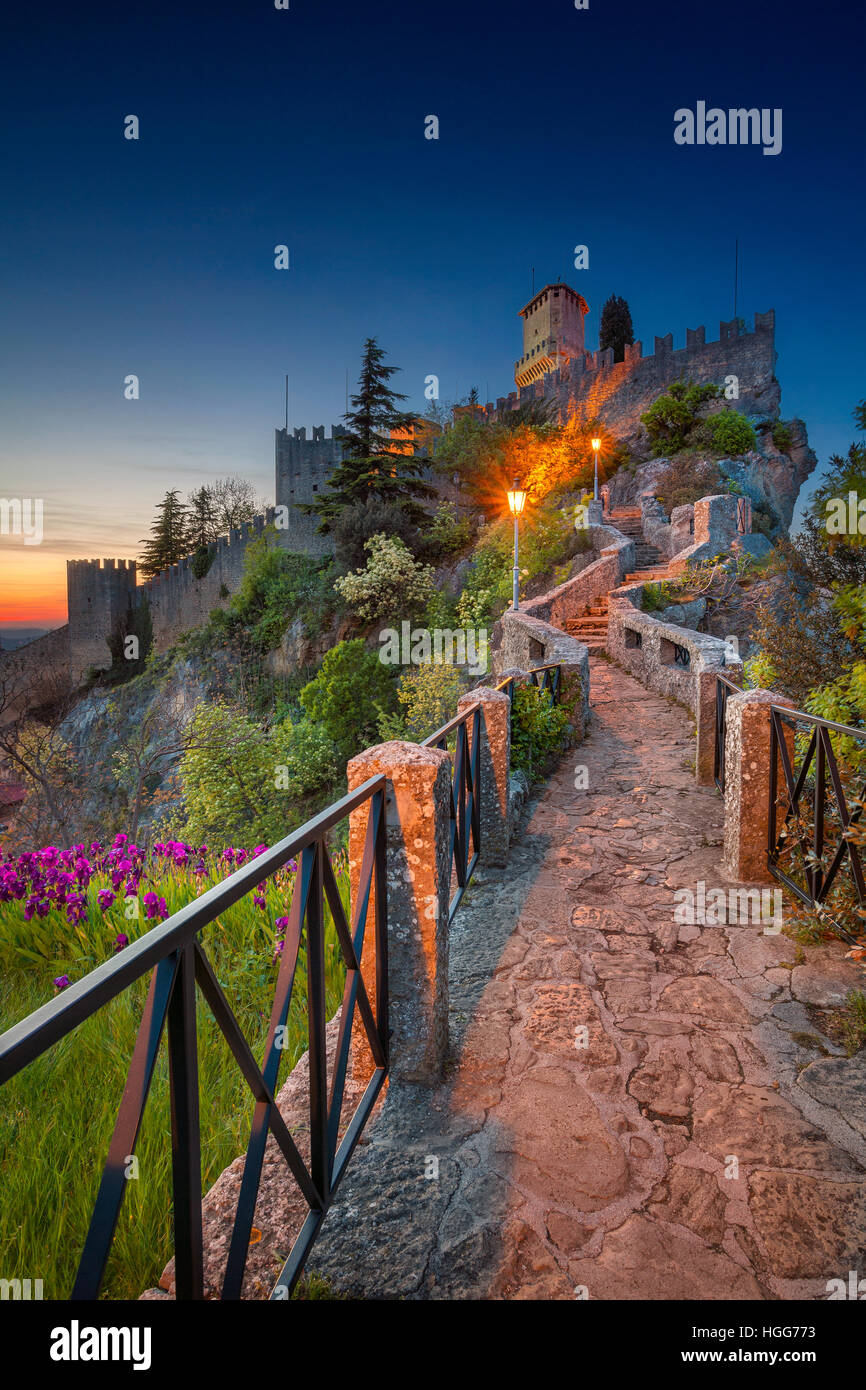 San Marino. Image of castle in San Marino during sunset. Stock Photo