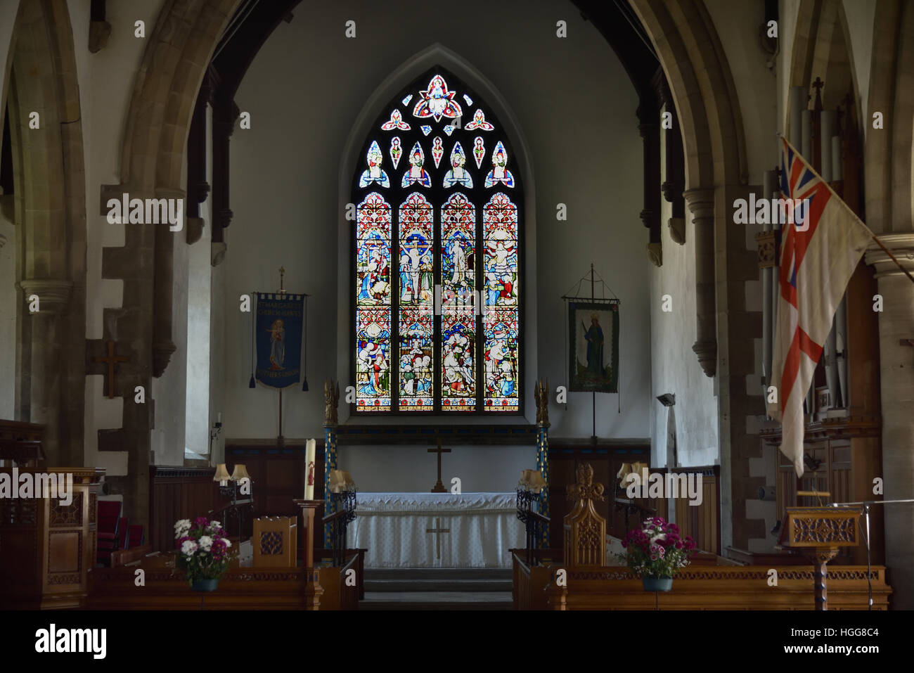 St Margaret's Church interior, Altar, Pews, Hawes, Wensleydale, Yorkshire Dales National Park, North Yorkshire, England, UK. Stock Photo