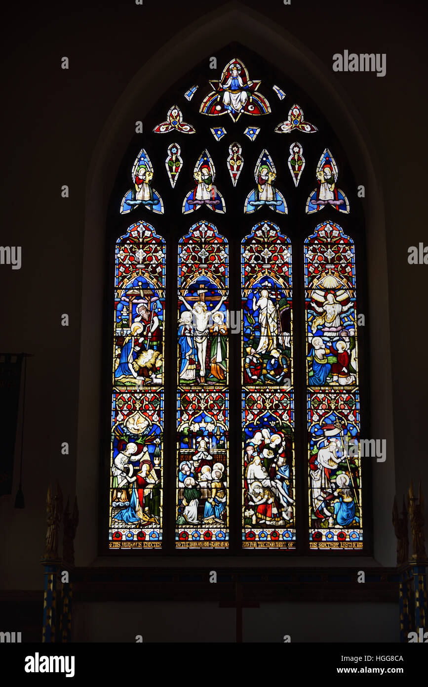 Stained glass window above altar, St Margaret's Church, Hawes, Yorkshire Dales National Park, North Yorkshire, England, UK. Stock Photo