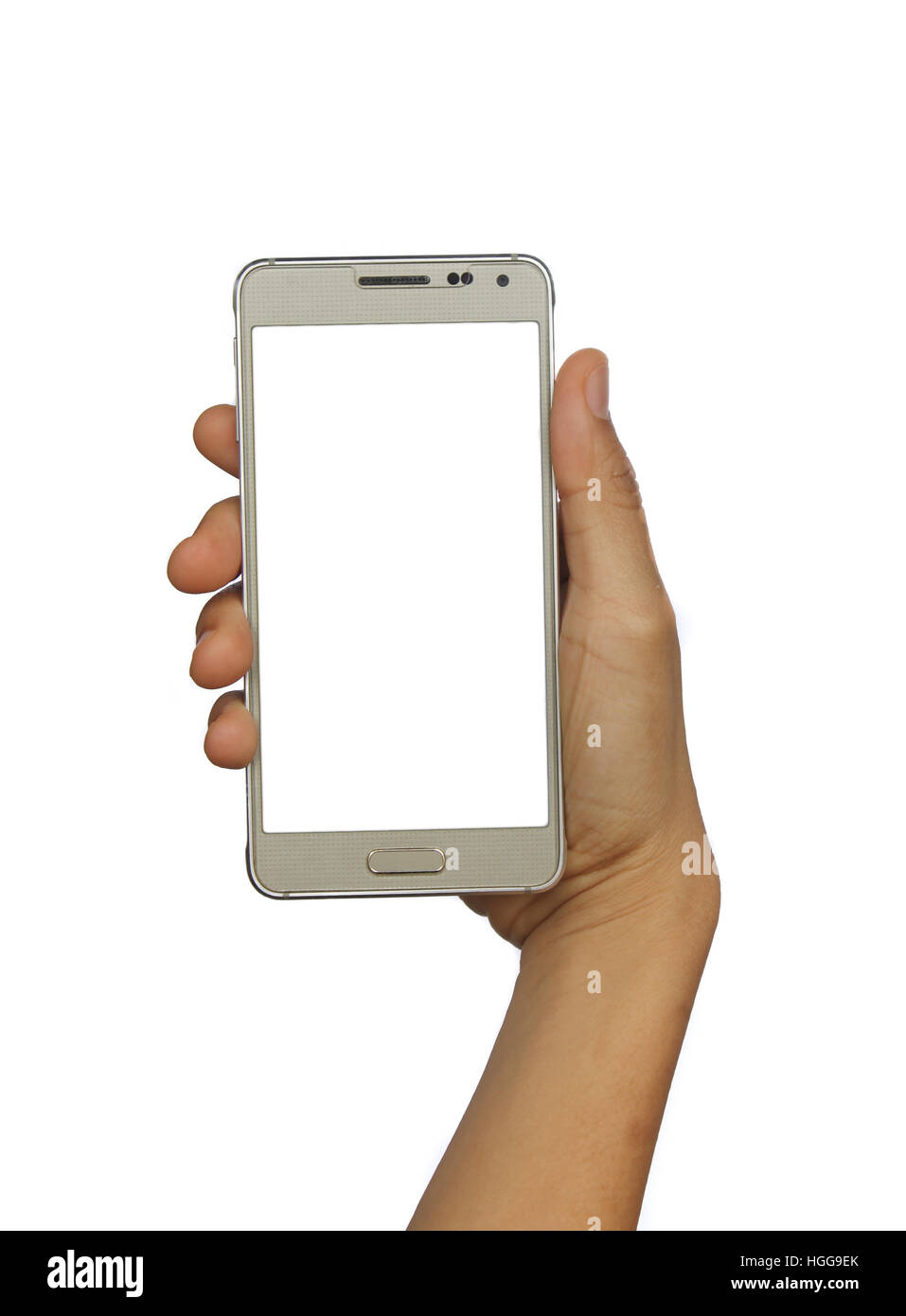 Hand holding isolated smart phone with blank white screen Stock Photo ...