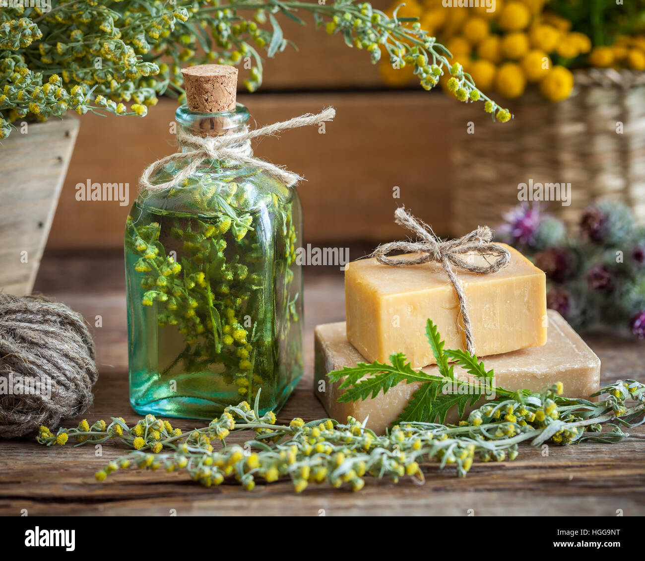 Bottle of tarragon tincture, healthy herbs and bars of homemade soap. Herbal medicine and natural care products. Stock Photo