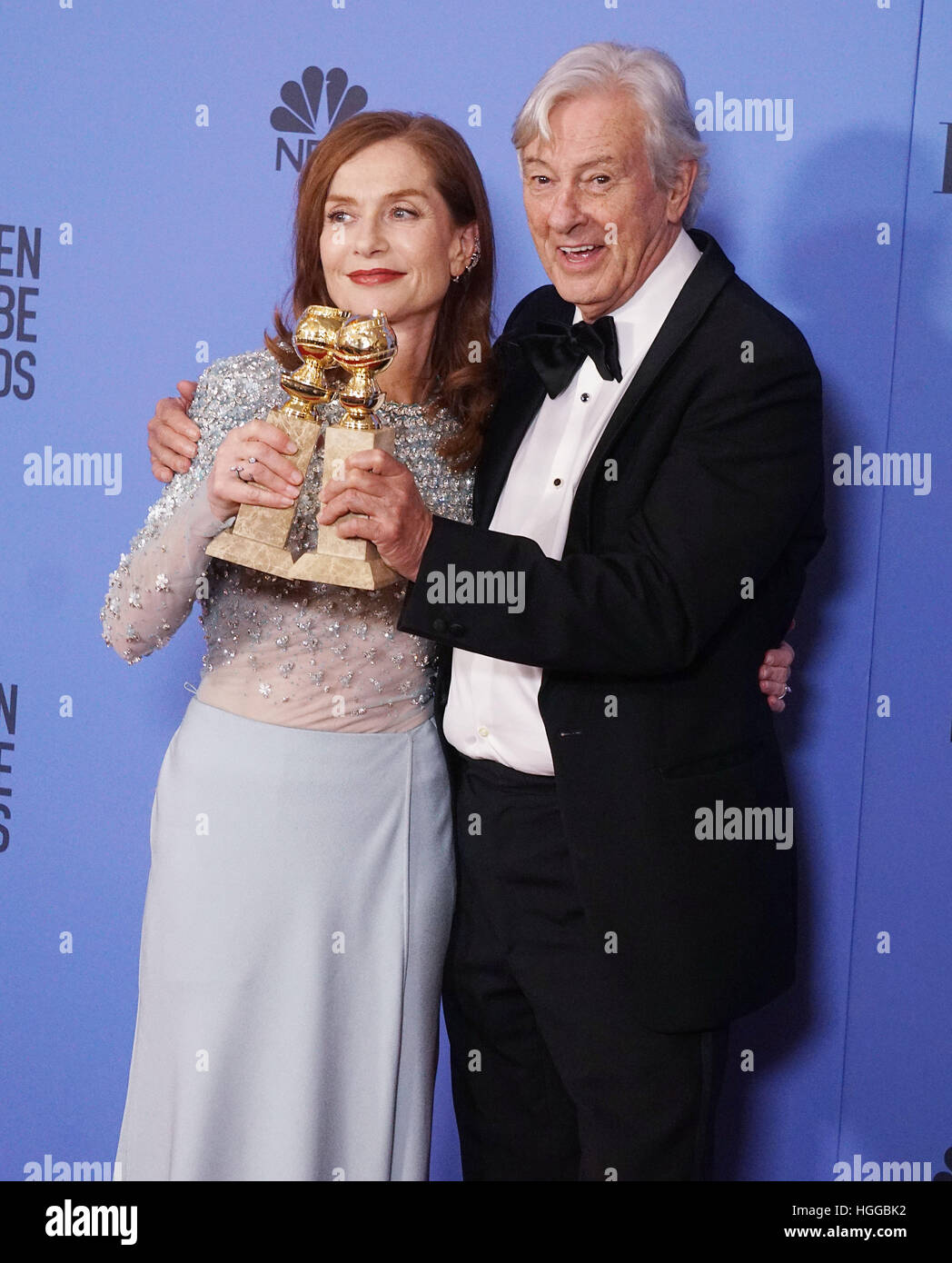 Los Angeles, USA. 08th Jan, 2017. Isabelle Huppert, Paul Verhoeven 332 Press room at the 74th Annual Golden Globe Awards at the Beverly Hilton in Los Angeles. January 08, 2017 © Gamma-USA/Alamy Live News Stock Photo