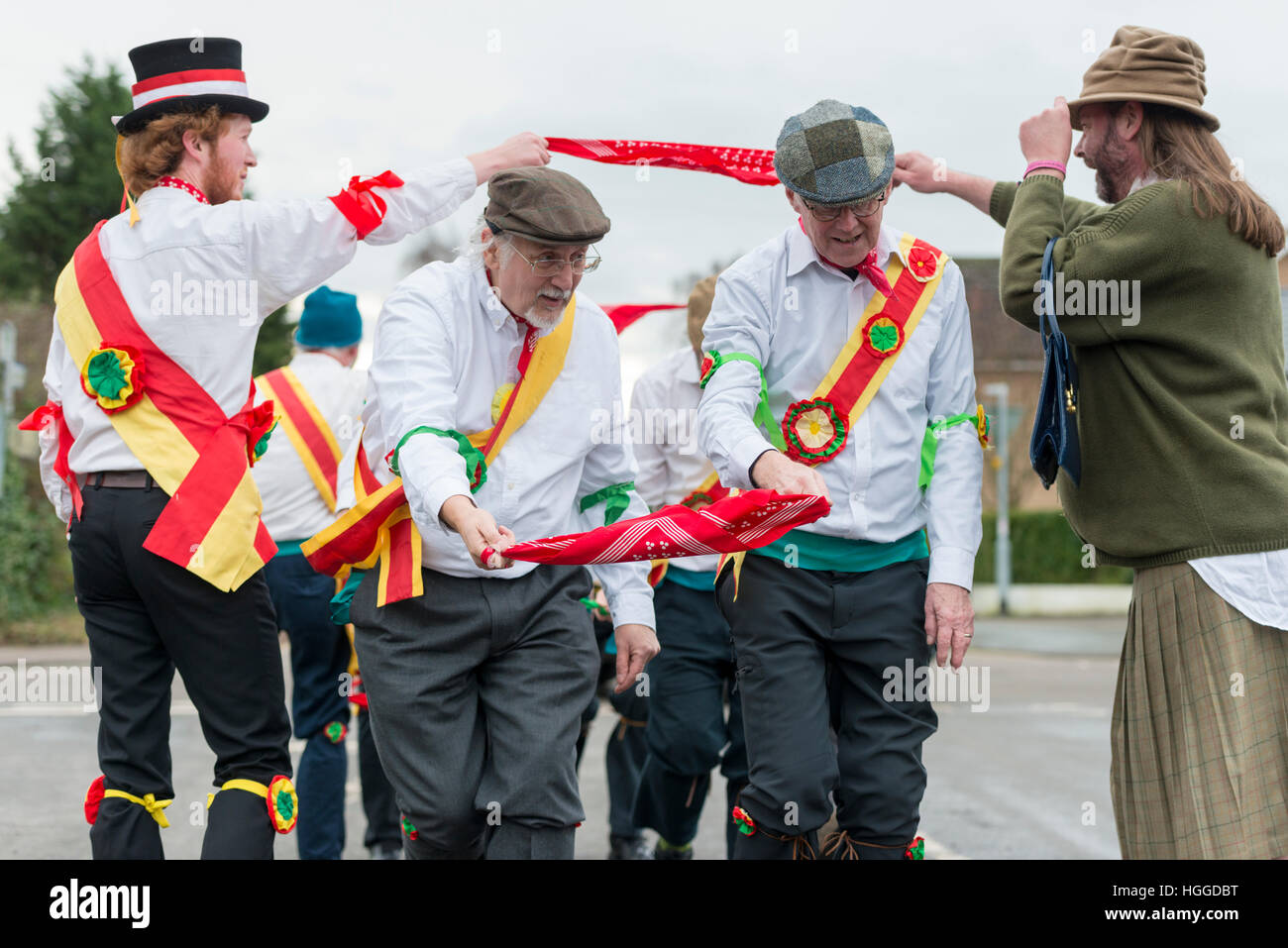 Comberton Cambridge UK 9th January 2017. The Cambridge Morris Men perform a Molly dance in the street to celebrate Plough Monday, the traditional start of the new agricultural year on the first Monday after Epiphany, the Twelfth Day of Christmas. This is a tradition popular in East Anglia. Today the group performed at schools and will join up other dancers to continue celebrations in local pubs. Credit Julian Eales/Alamy Live News Stock Photo