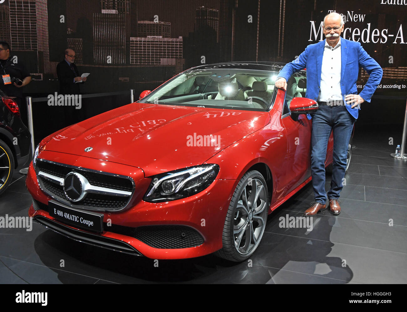 Detroit, US. 9th Jan, 2017. Daimler AG Chairman Dieter Zetsche presents the new Mercedes-Benz E-Class Coupe during the first press day at the North American International Auto Show (NAIAS) in Detroit, US, 9 January 2017. The fair opens its doors on 9 January for the press and car dealers, the general public can visit the fair between 14 and 22 January 2017. Photo: Uli Deck/dpa/Alamy Live News Stock Photo
