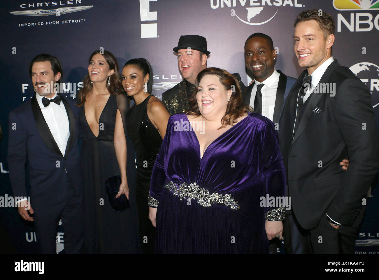January 8, 2017 - Beverly Hills, CA, United States -  Milo Ventimiglia, Mandy Moore, Chris Sullivan, Chrissy Metz, Sterling K. Brown, Justin Hartley, Cast of ''This Is Us'' attends the NBCUniversal 74th Annual Golden Globe After Party with stars from NBC Entertainment, Universal Pictures, E! and Focus Features held at the Beverly Hilton Hotel.  (Credit Image: © Dylan Lujano/AdMedia via ZUMA Wire) Stock Photo