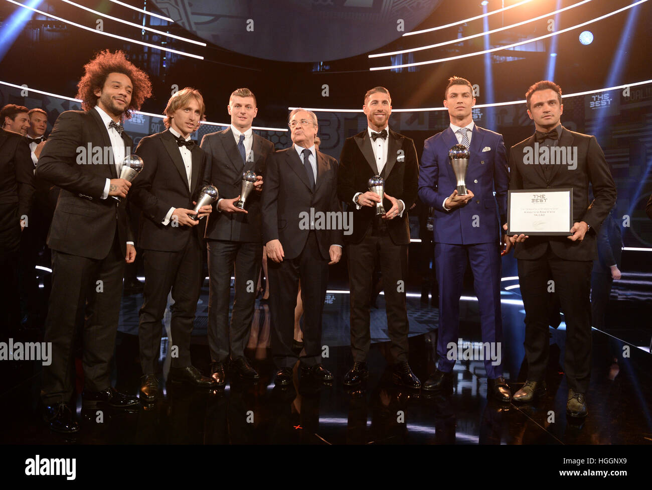 Zurich, Switzerland. 9th Jan, 2017. The selected FIFA/FIFPro World11 2016 players Marcelo (l-r), Luka Modric, Toni Kroos, the president of Real Madrid, Florentino Perez (c), Sergio Ramos, Cristiano Ronaldo and Futsal player Falcao, who was honoured for his exceptional career, pictured at the FIFA World Players of the Year 2016 gala in Zurich, Switzerland, 9 January 2017. Photo: Patrick Seeger/dpa/Alamy Live News Stock Photo