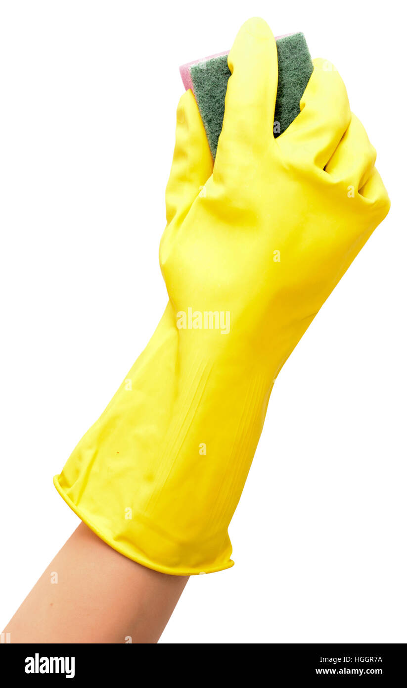 hand in yellow glove with sponge isolated on white Stock Photo Alamy