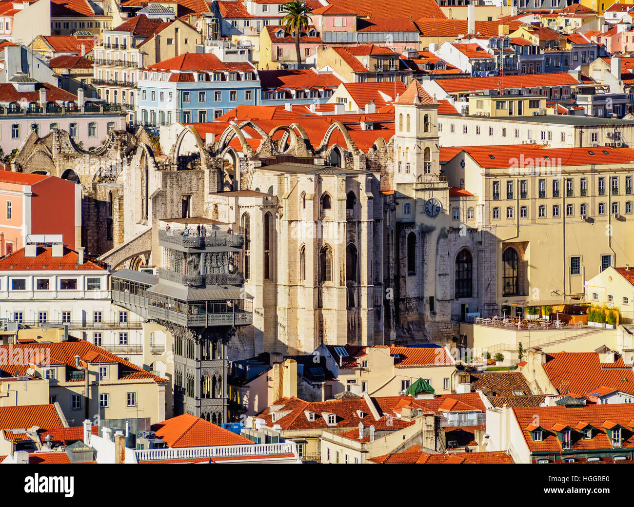 Portugal, Lisbon, Elevated view of the Santa Justa Lift and Carmo Convent. Stock Photo