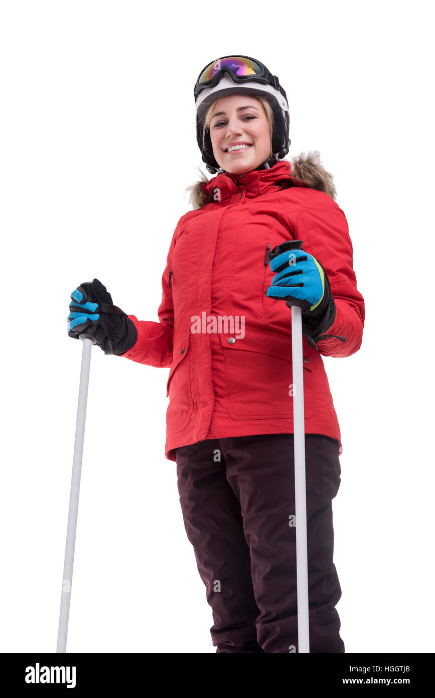 Attractive girl skier on white background Stock Photo - Alamy