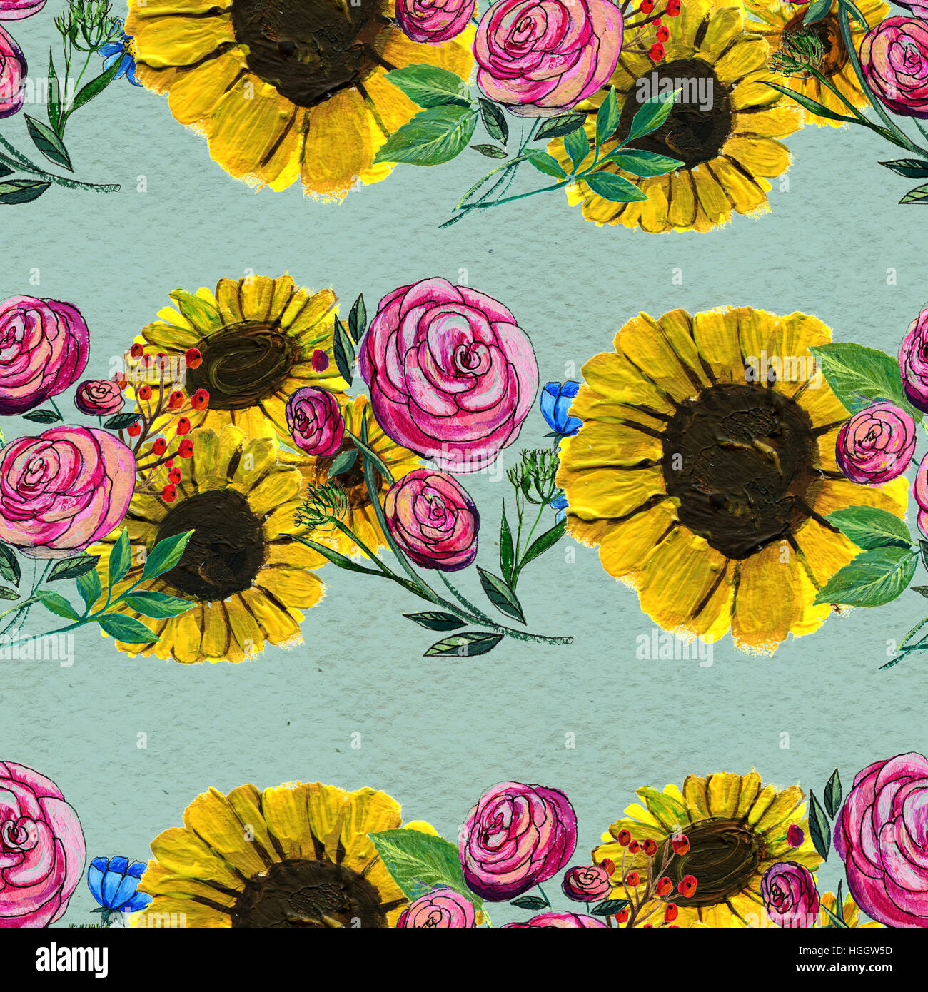 Seamless pattern with sunflowers and roses Stock Photo - Alamy