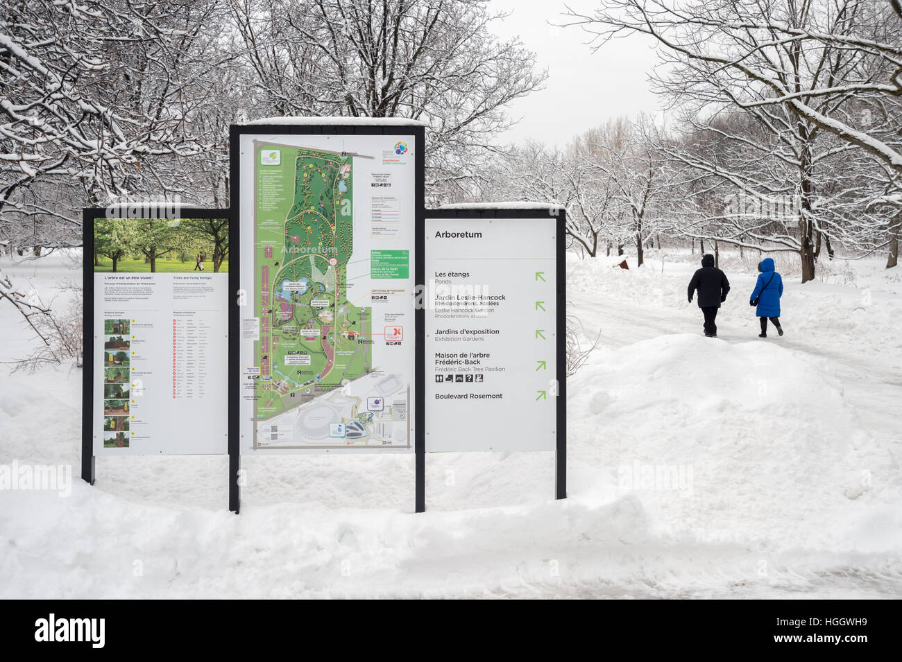 Montreal, CA - 4 January 2017: Snowy landscape and map of the Botanical Garden Stock Photo