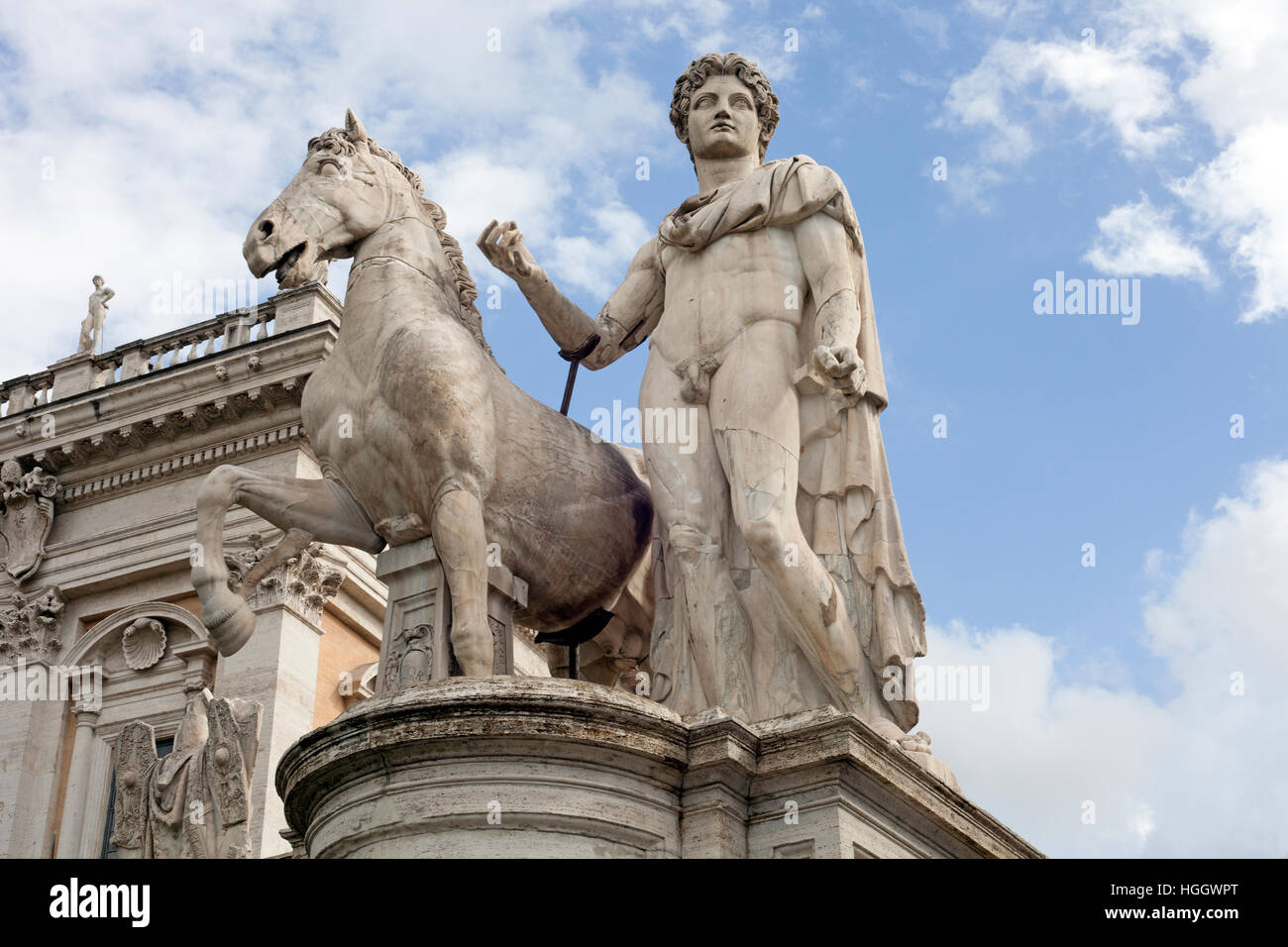 Statue of Castor at the Cordonata stairs to the Piazza del Campidoglio Square at the Capitoline Hill in Rome, Italy. Stock Photo
