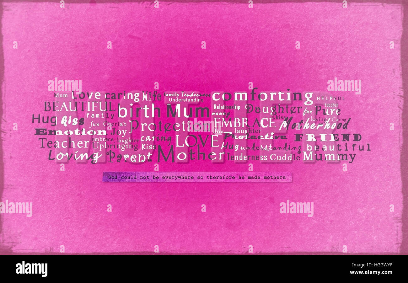 'Mother' custom shape filled with words describing her, put together on a pink texture background. Stock Photo
