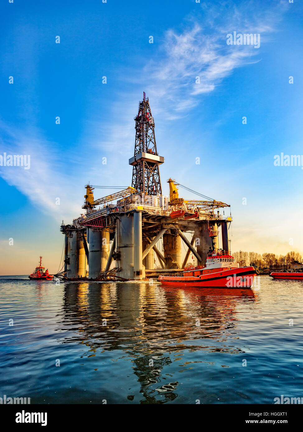 Towing Oil Rig in the Port of Gdansk, Poland. Stock Photo