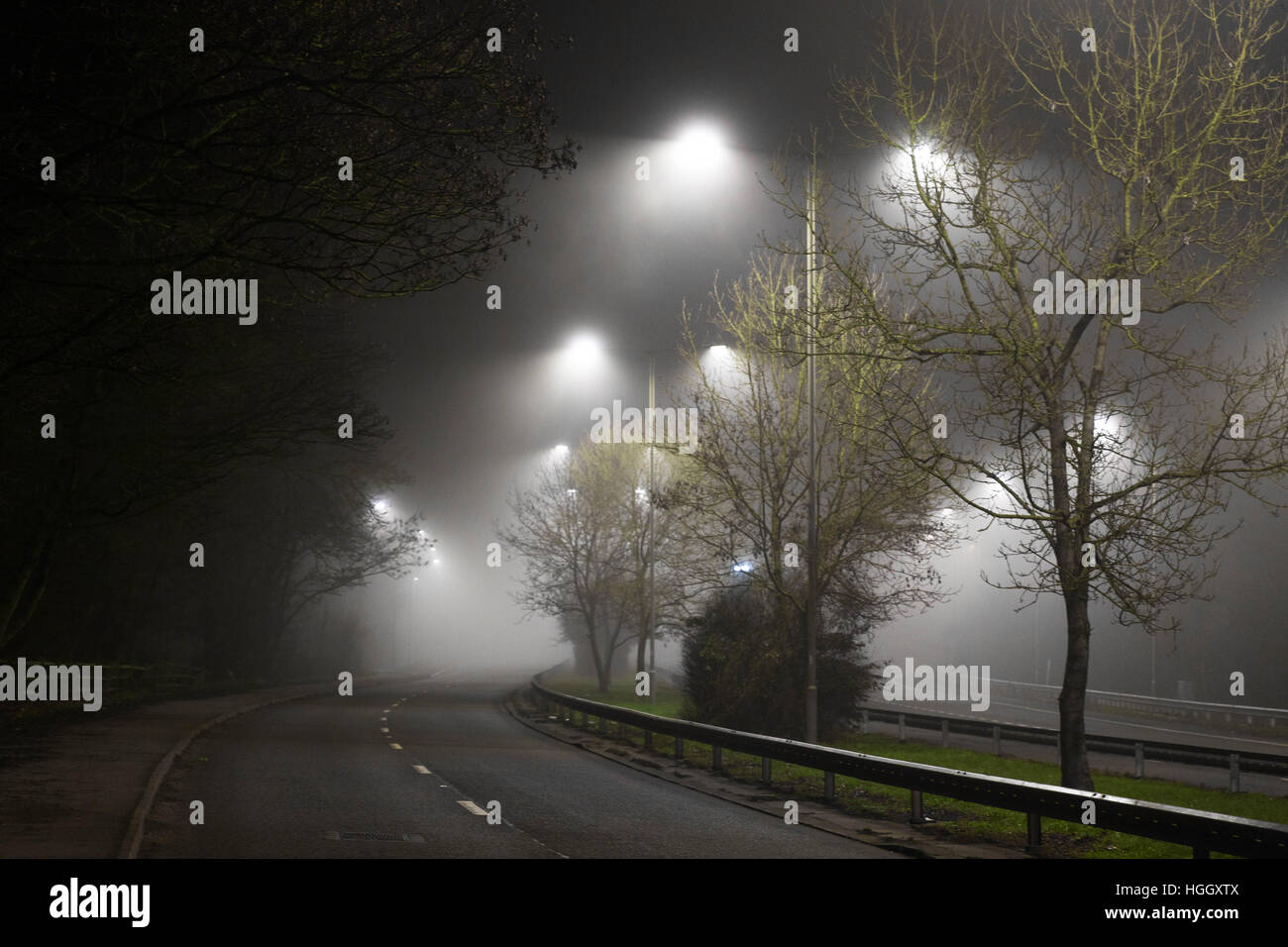 Foggy night, Edgware Way, England, UK. Stock Photo
