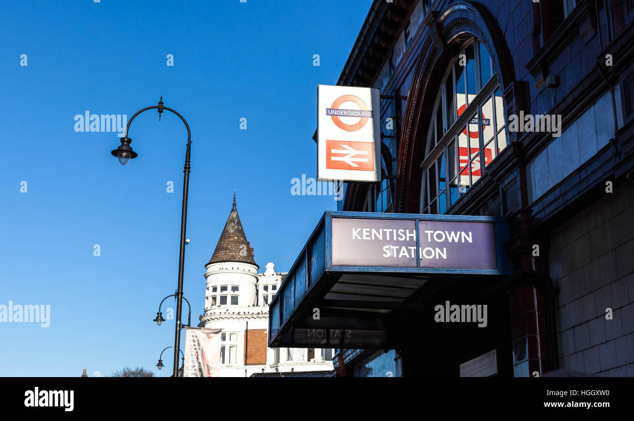 Low angle view of Kentish Town Underground station signs, London, England, UK. Stock Photo