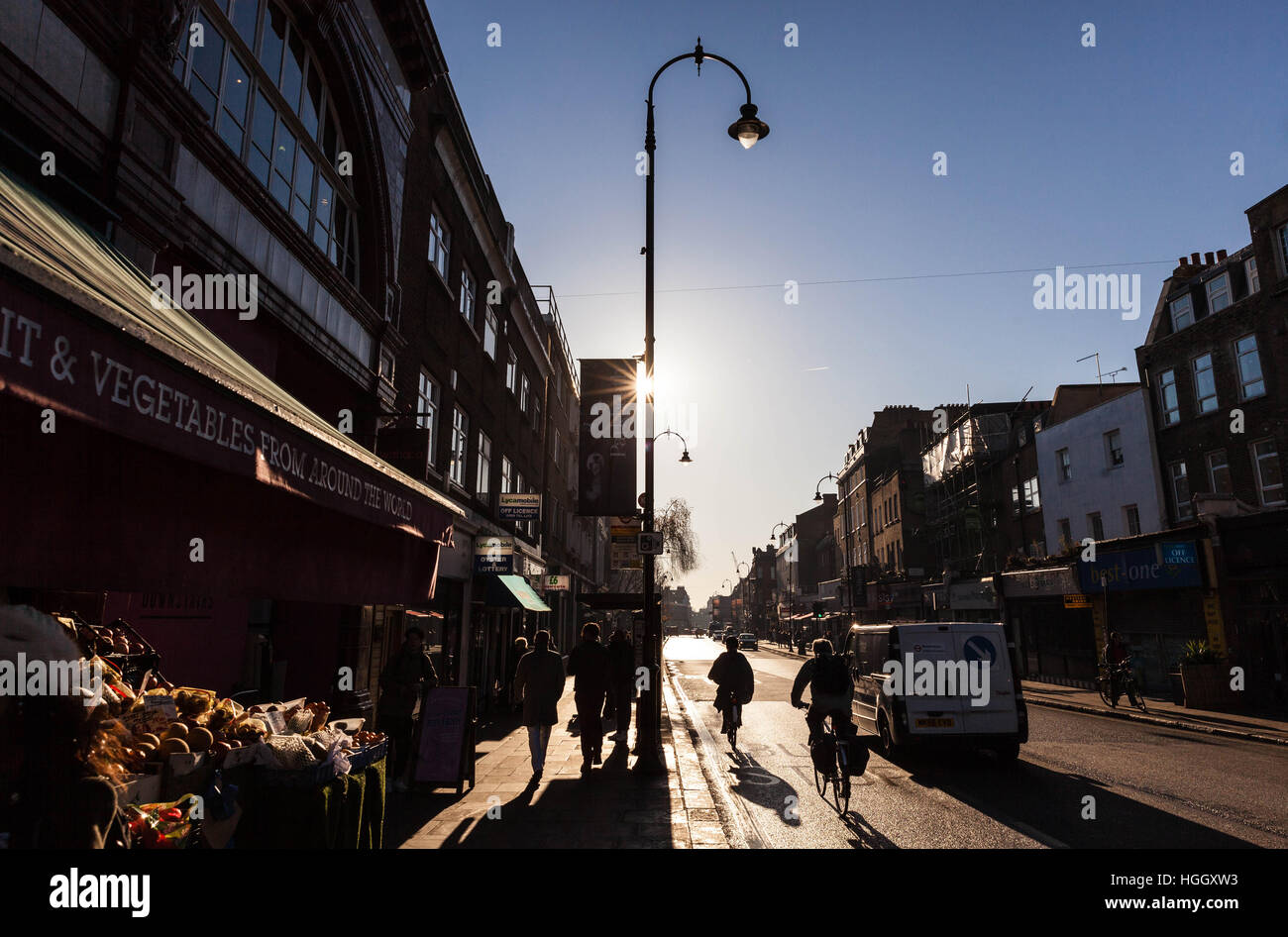 Backlit street scene, Kentish Town, London, England, UK. Stock Photo