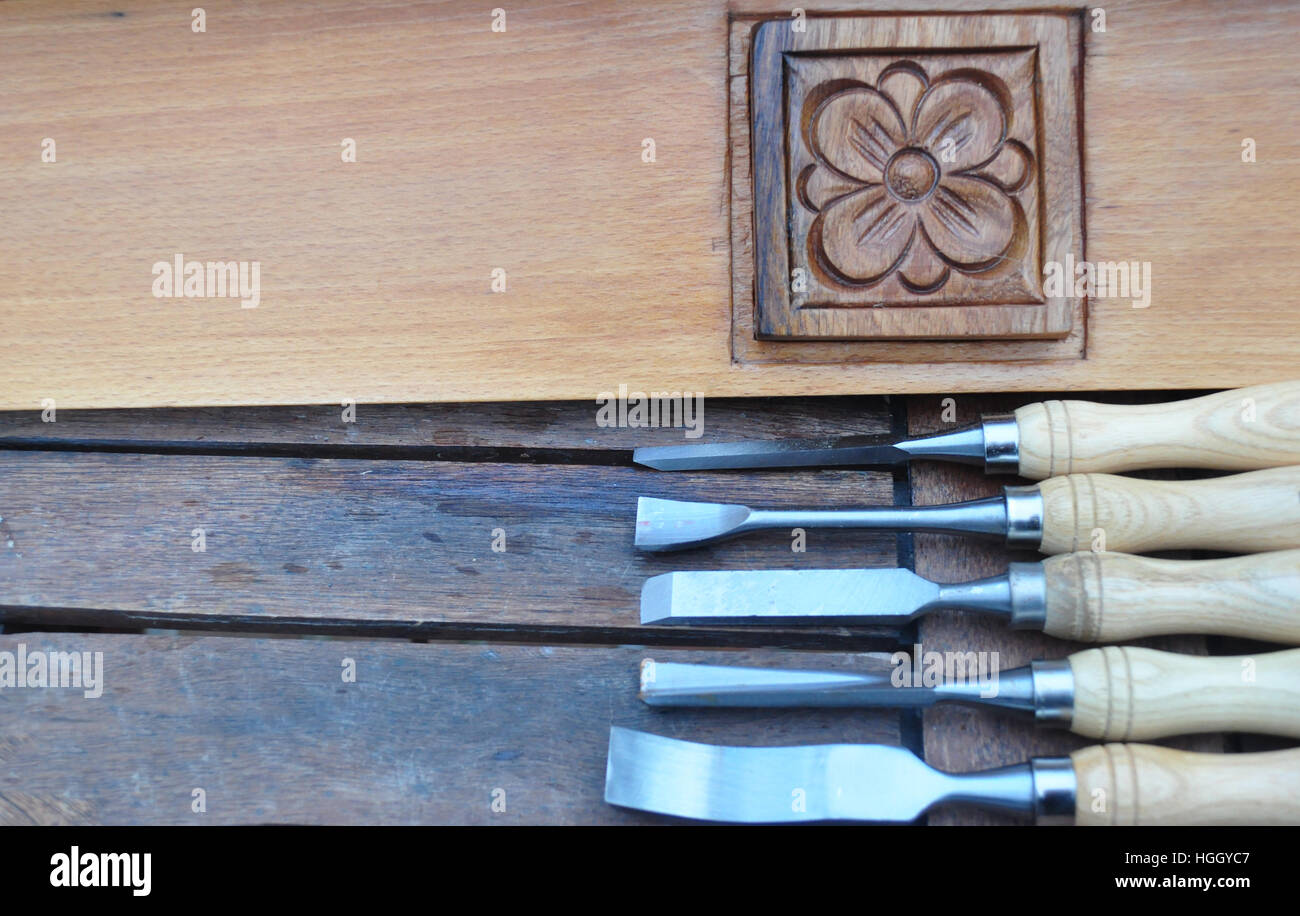 Wood carving, gouges and chisels Stock Photo Alamy
