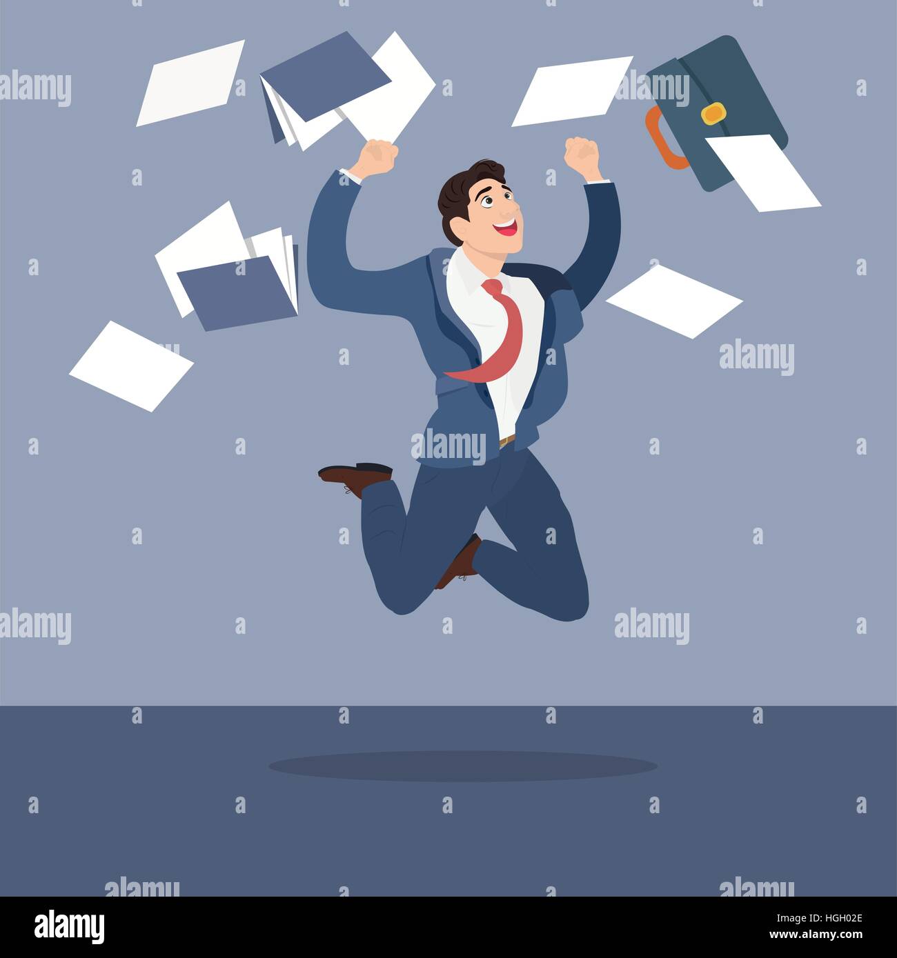 Businessman with a happy face jumping on paper documents Stock Vector ...