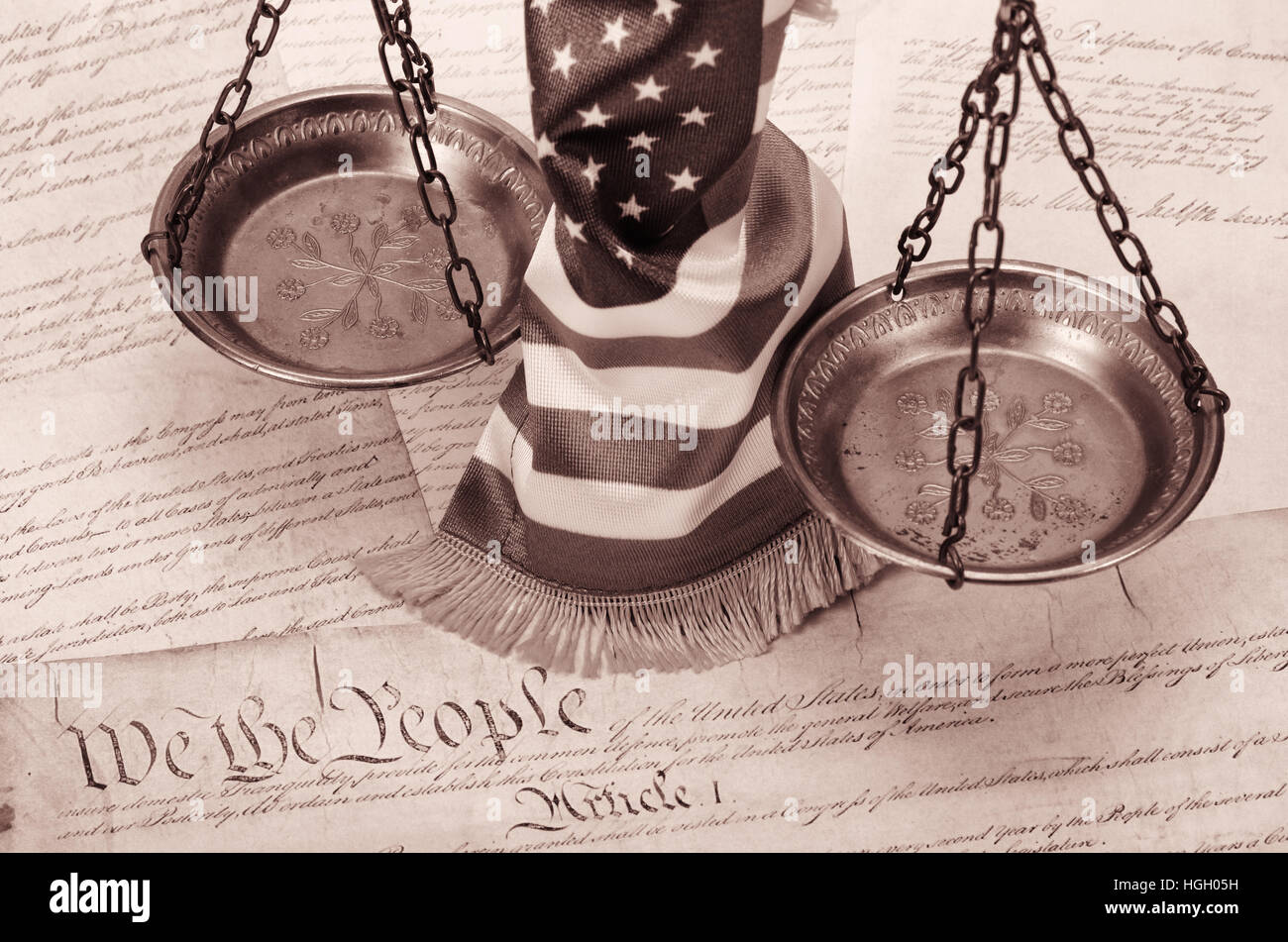 Scales of justice , American flag and US Constitution Stock Photo Alamy