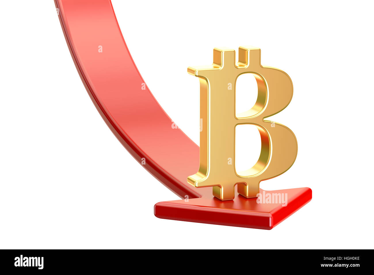 Falling red arrow with symbol of bitcoin, crisis concept. 3D rendering isolated on white background Stock Photo