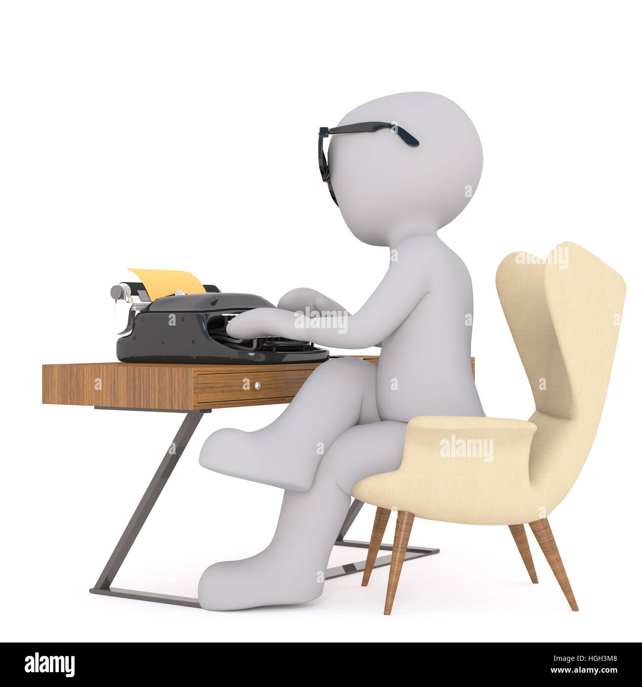 Incognito man wearing glasses comfortably sitting in armchair at desk typing on vintage typewriter, isolated on white Stock Photo