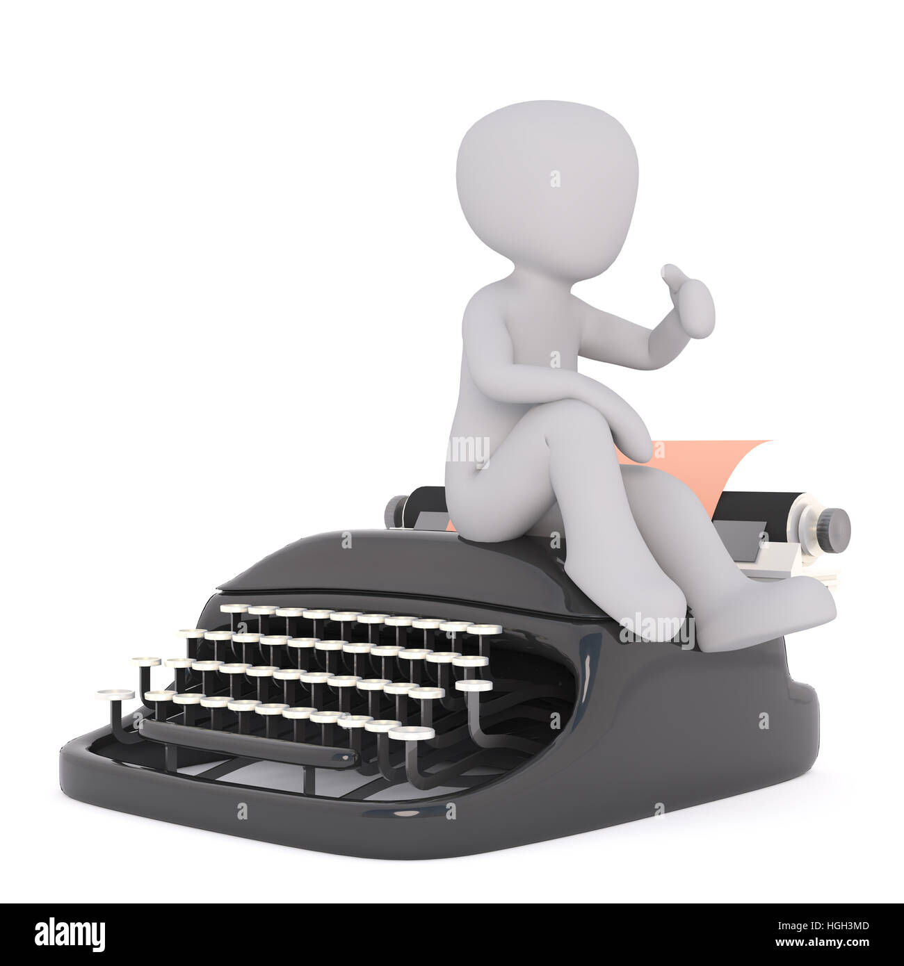 Little faceless cartoon man thumbs up while sitting on the vintage typewriter machine, 3D render isolated on white bacground Stock Photo