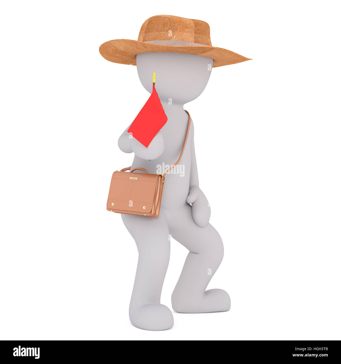 Grey faceless cartoon tourist character with red flag and handbag wearing straw hat, 3D render isolated on white background Stock Photo