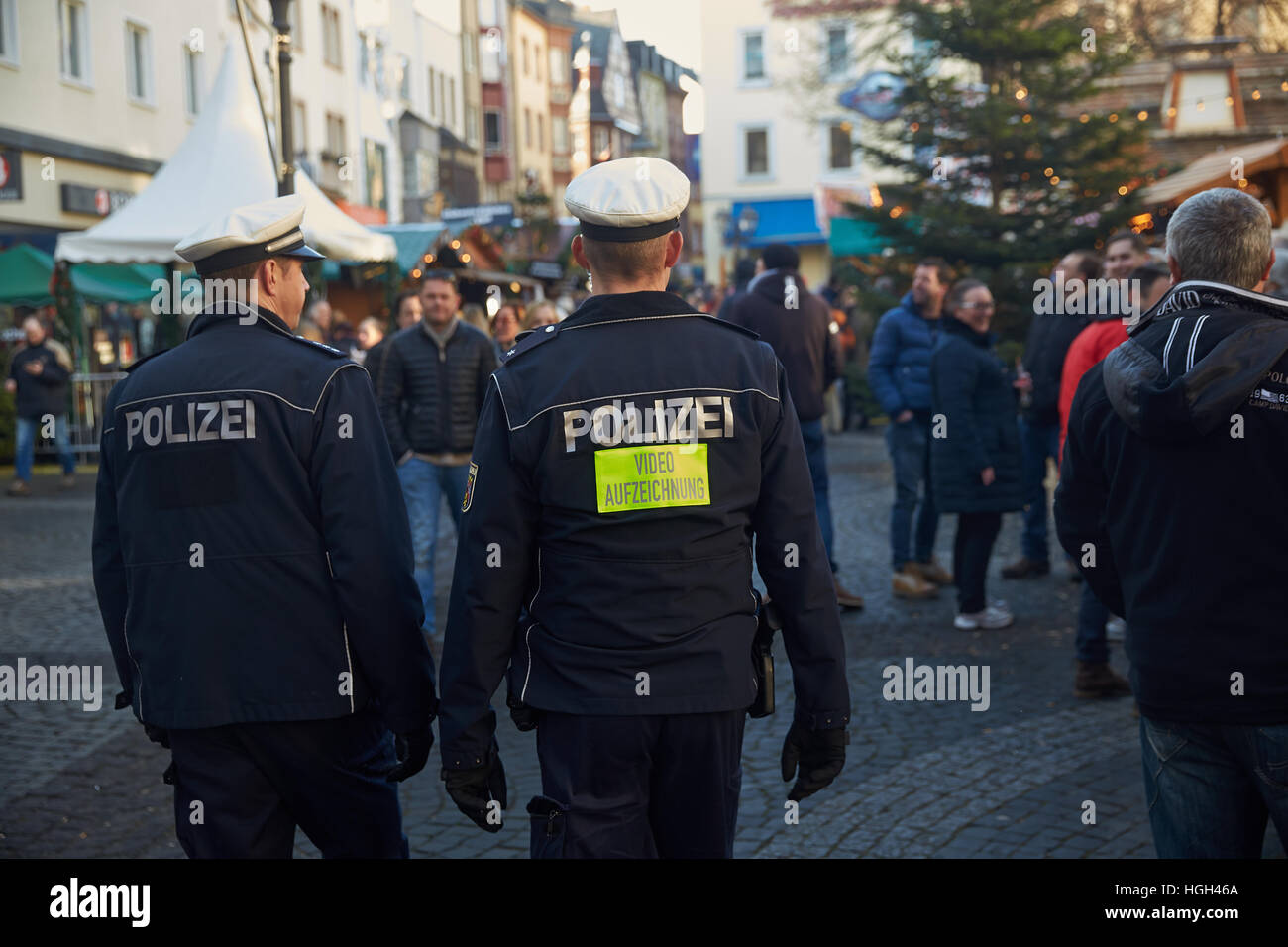 Police officers, video recording, Christmas Market, historic centre, Koblenz, Rhineland-Palatinate, Germany Stock Photo