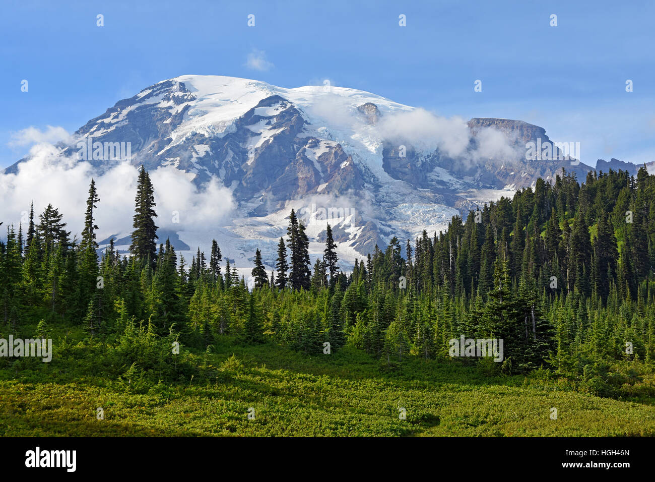 Snow-capped summit of Mount Rainier, Mount Rainier National Park, Cascade Range, Washington, Pacific Northwest, USA Stock Photo