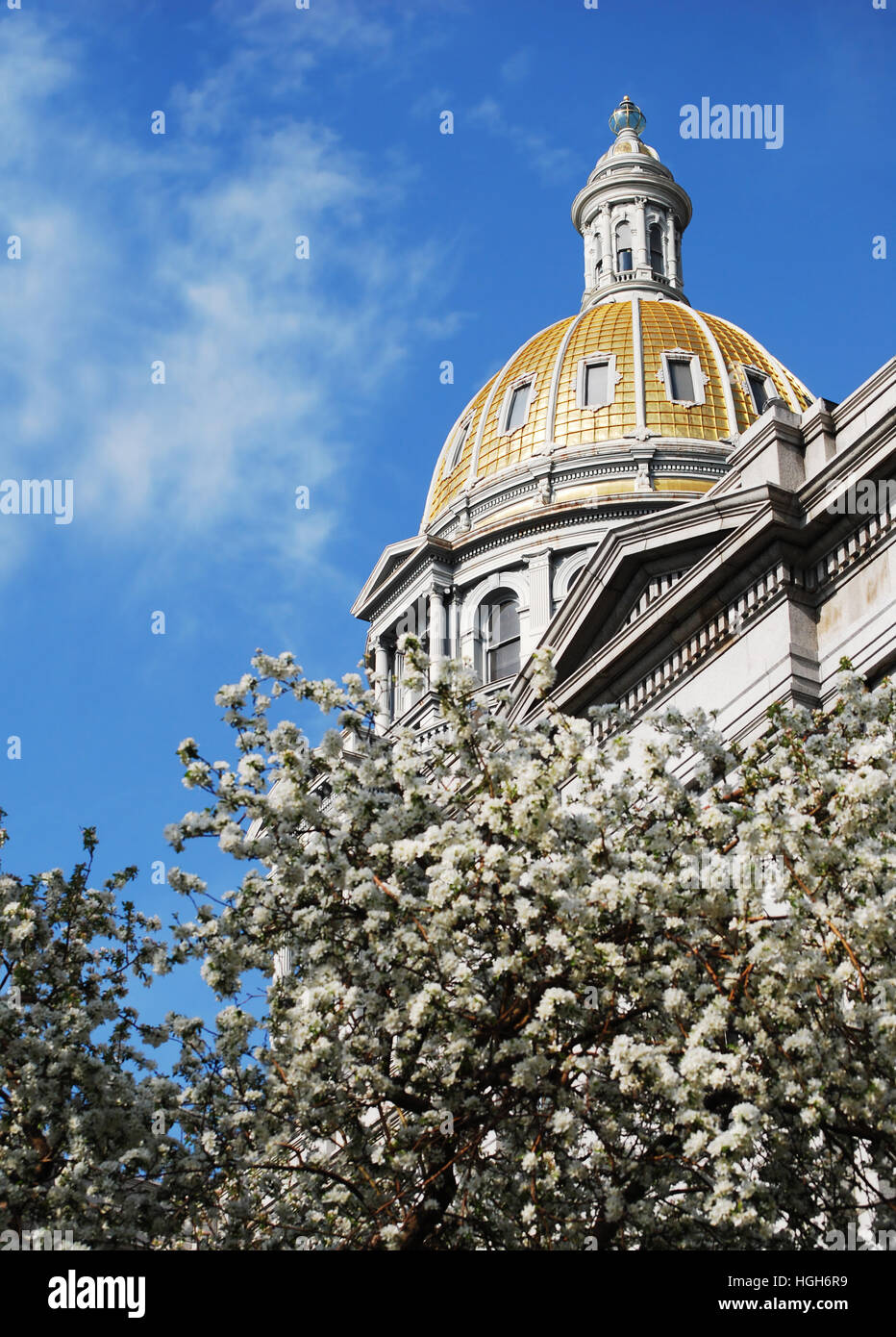 Capitol building's gold dome in Denver Colorado's Capitol Hill neighborhood. Stock Photo
