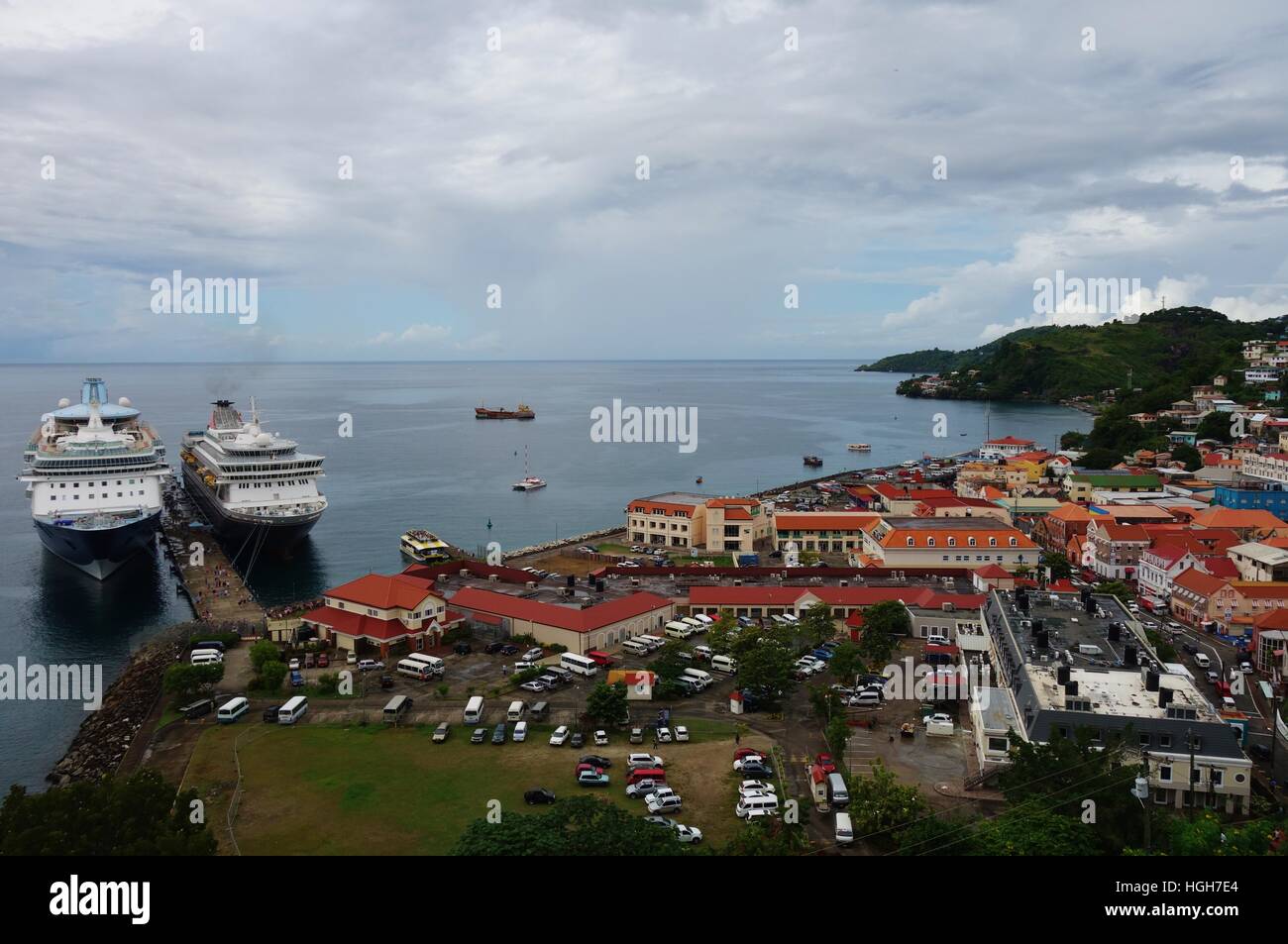 Large cruise ship in the port of St George's, the capital of the Caribbean island country of Grenada. Stock Photo
