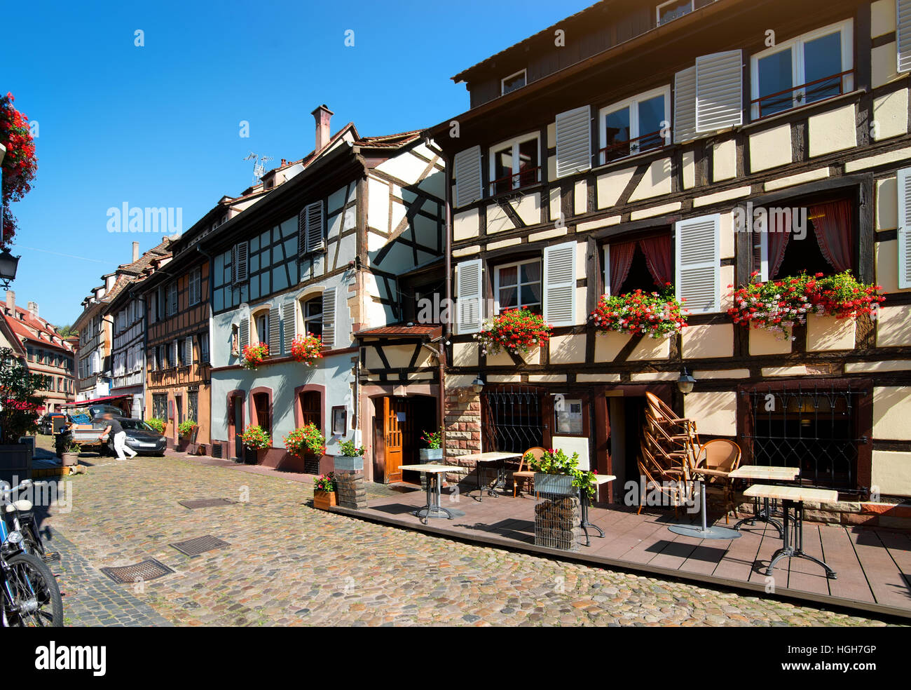 Street with historical halftimbered houses in Petite France district