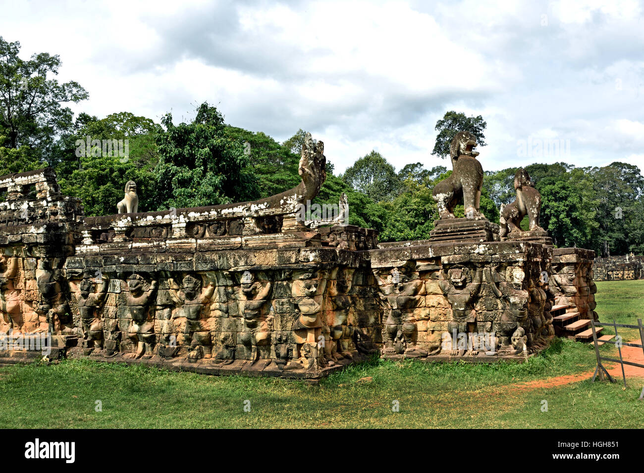 Terrace of the Elephants 300 meter long terrace wall adorned with carved elephants and garudas spanning the front of Baphuon, Phimeanakas and the Royal Palace area at the heart of Angkor Thom ( Angkor complex different archaeological capitals Khmer Empire 9-15th century Angkor Cambodia ) Stock Photo