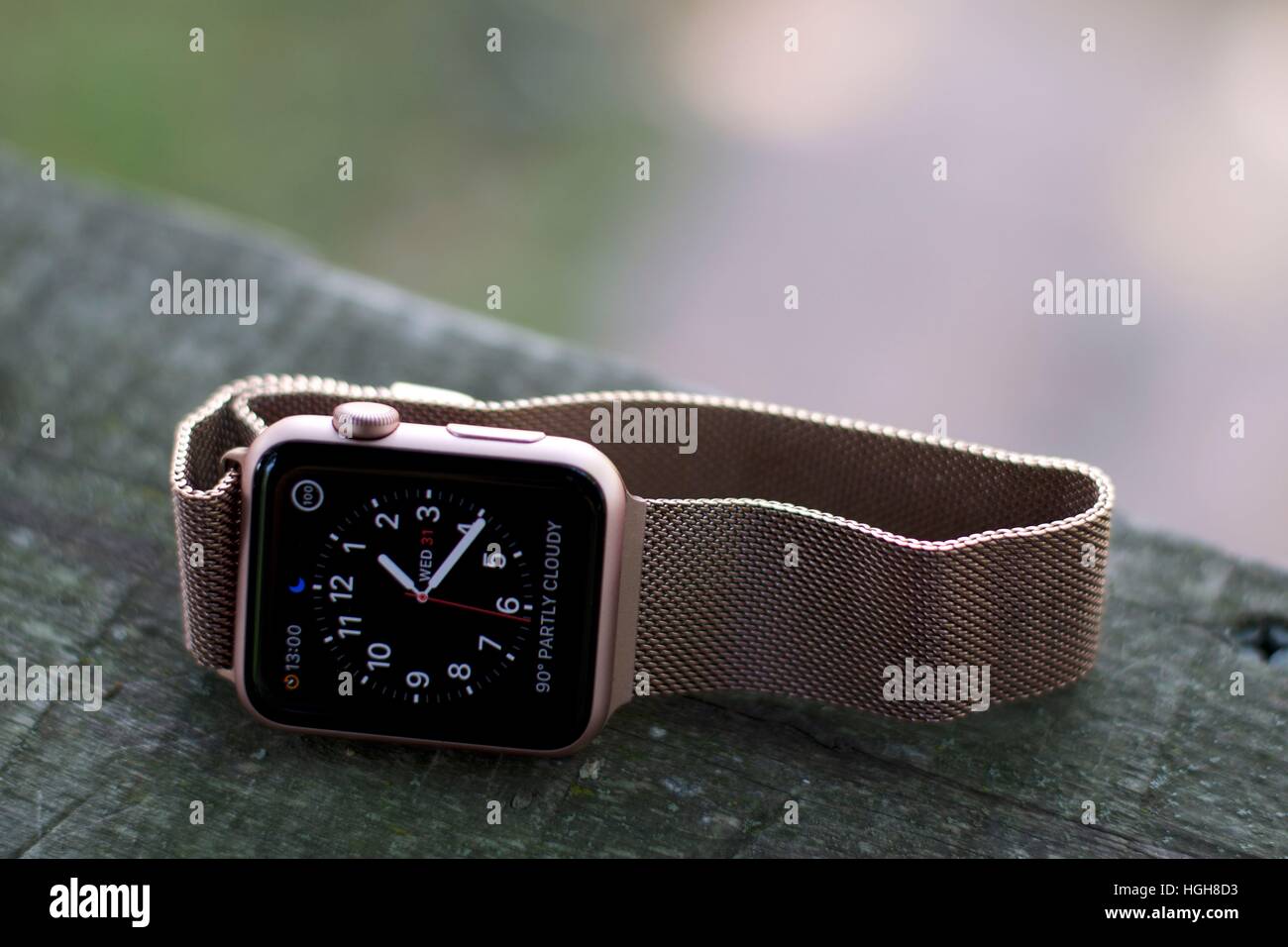 Apple Watch Clock Display  Rose Gold Mesh Band Stock Photo