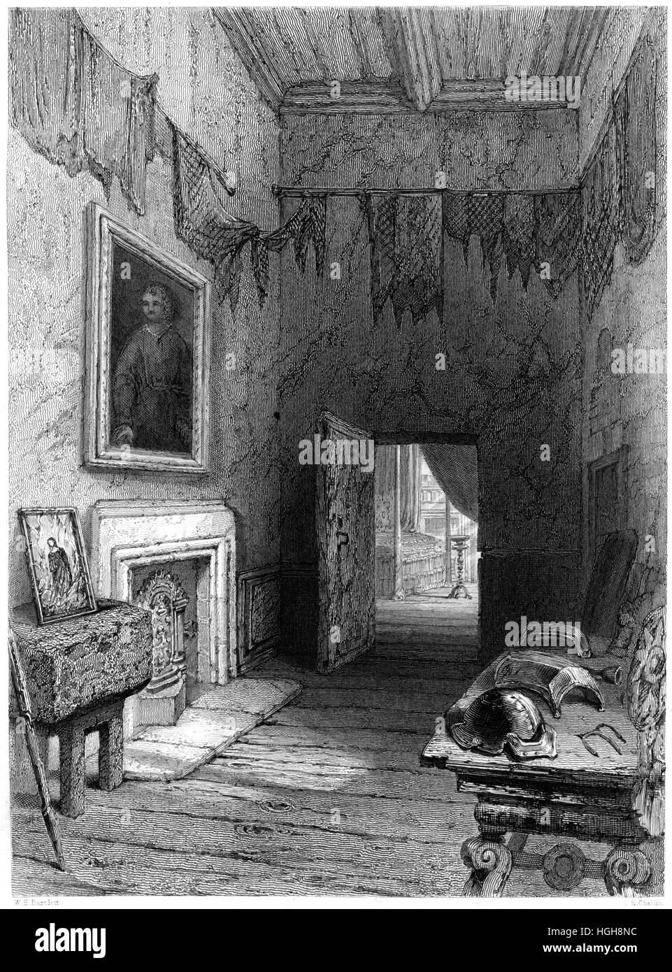 Engraving of Queen Mary's Closet, Holyrood, Edinburgh Scotland (Scene of the Murder of Rizzio) scanned at high resolution from a book printed in 1859. Stock Photo
